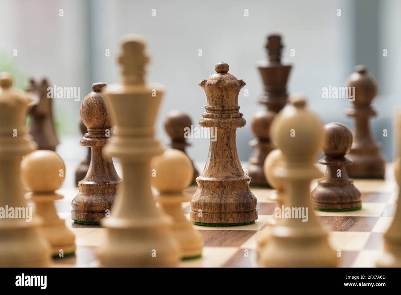 Pezzi di scacchi disposti in primo piano sulla scacchiera Foto Stock