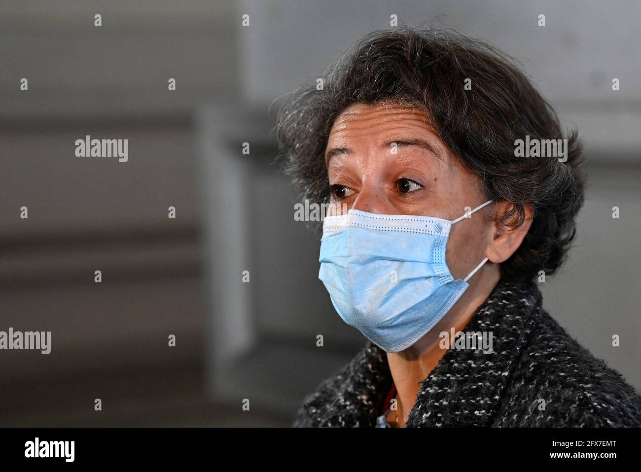 Il magistrato alla stampa Pascale Monteiro Barreto parla prima con la stampa La prima sessione della procedura di sintesi la Commissione europea ha lanciato Foto Stock