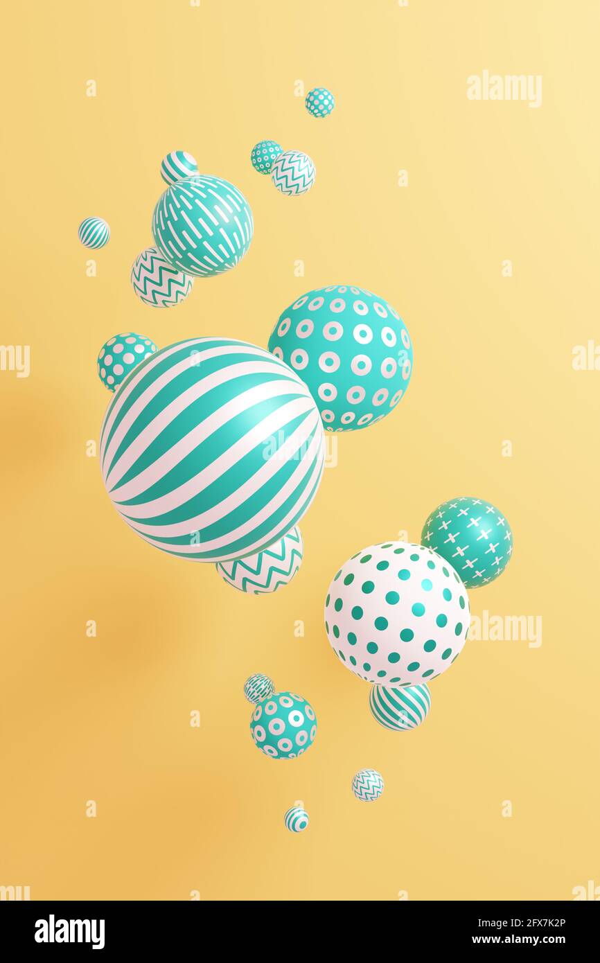 Illustrazione 3D di sfere verdi e bianche su sfondo giallo. Foto Stock
