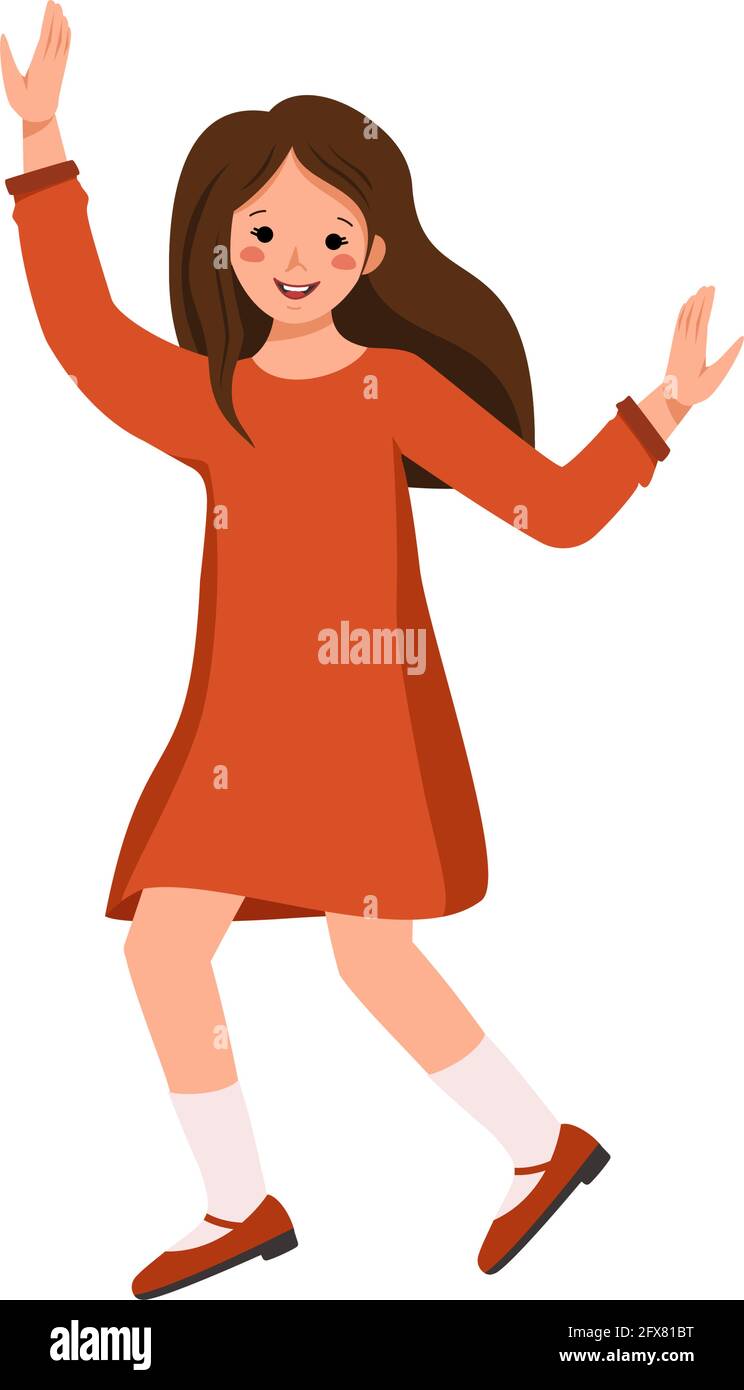 Una ragazza con un viso, capelli marroni in un vestito rosso e scarpe è ballare. Buon sorriso carino capretto. Adolescente in abiti estivi casual. Internazionale mondiale Illustrazione Vettoriale