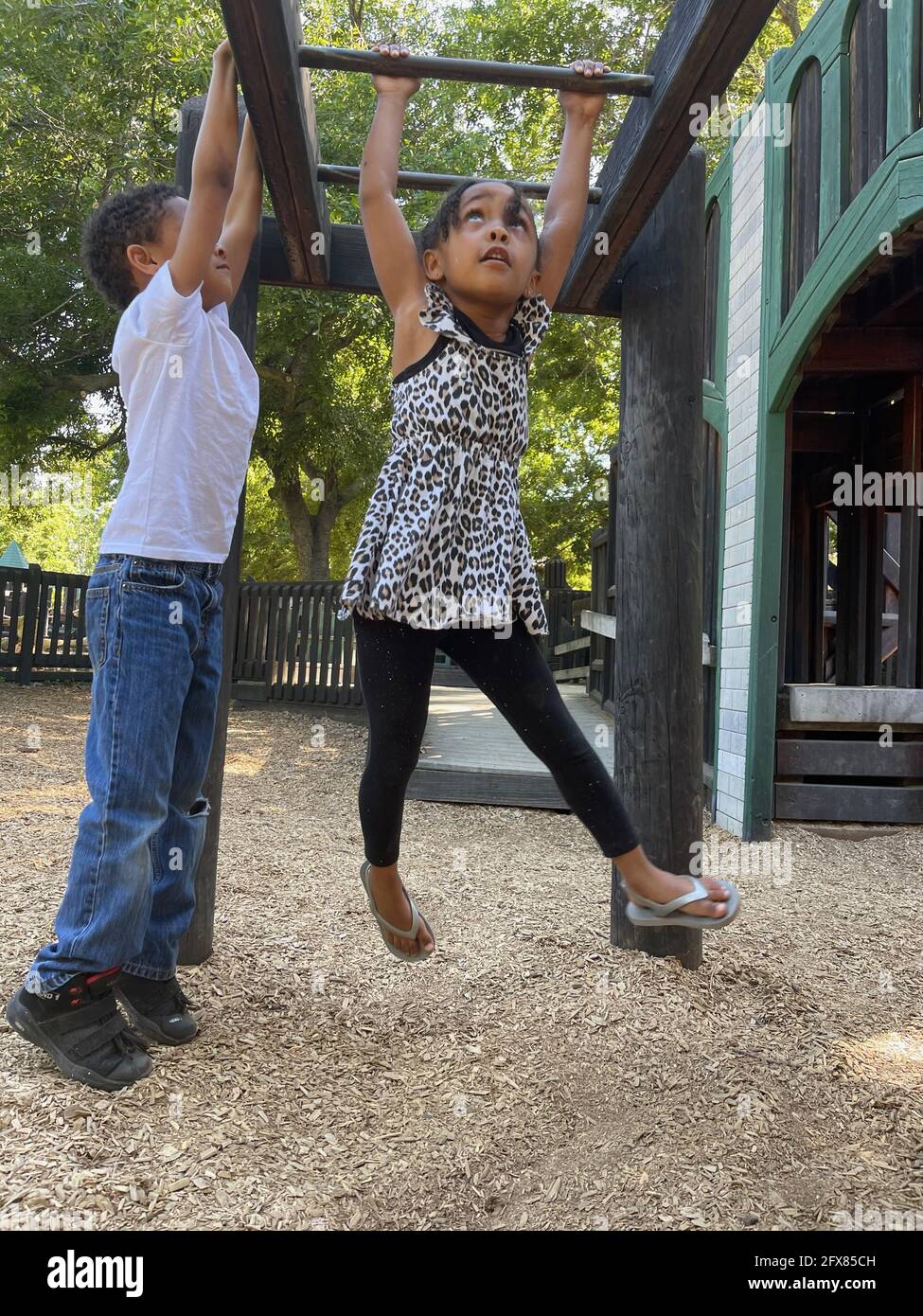 Scatto verticale di bambini neri americani appesi a barre di scimmia e che giocano in una p Foto Stock