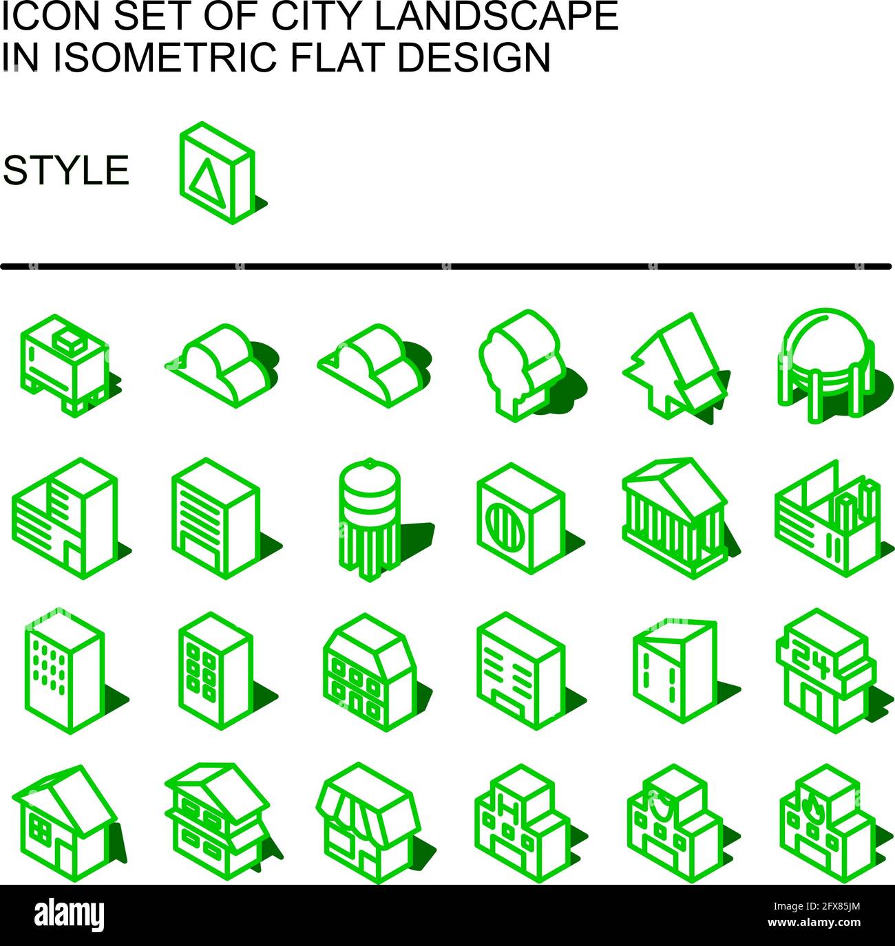 Icona del paesaggio urbano impostata in un design piatto isometrico con linee verdi, riempimenti bianchi, forma di un'ombra. Illustrazione Vettoriale