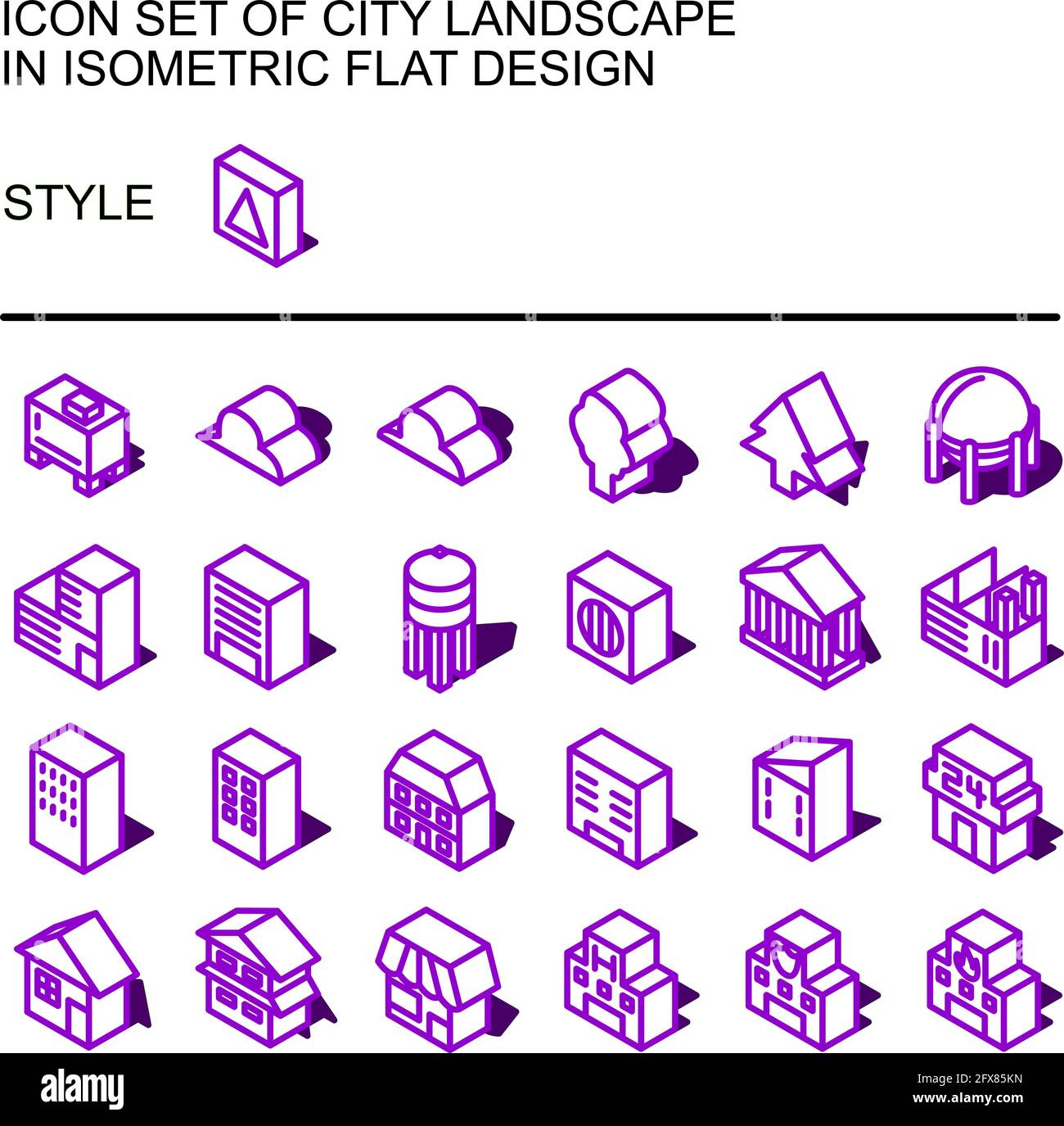 Icona del paesaggio urbano in un design piatto isometrico con linee viola, riempimenti bianchi, forma di un'ombra. Illustrazione Vettoriale