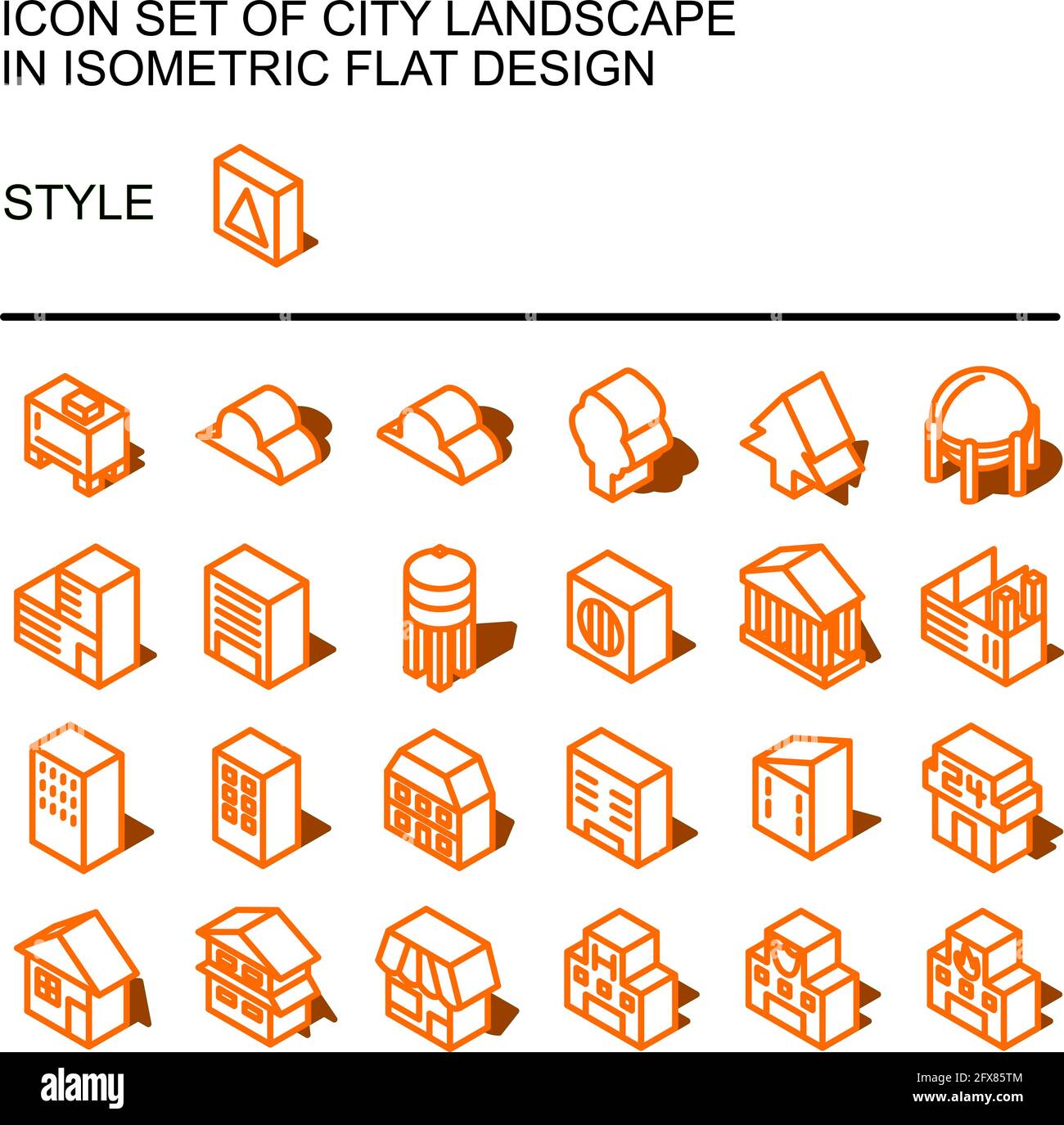 Icona del paesaggio urbano in un design piatto isometrico con linee arancioni, riempimenti bianchi, forma di un'ombra. Illustrazione Vettoriale