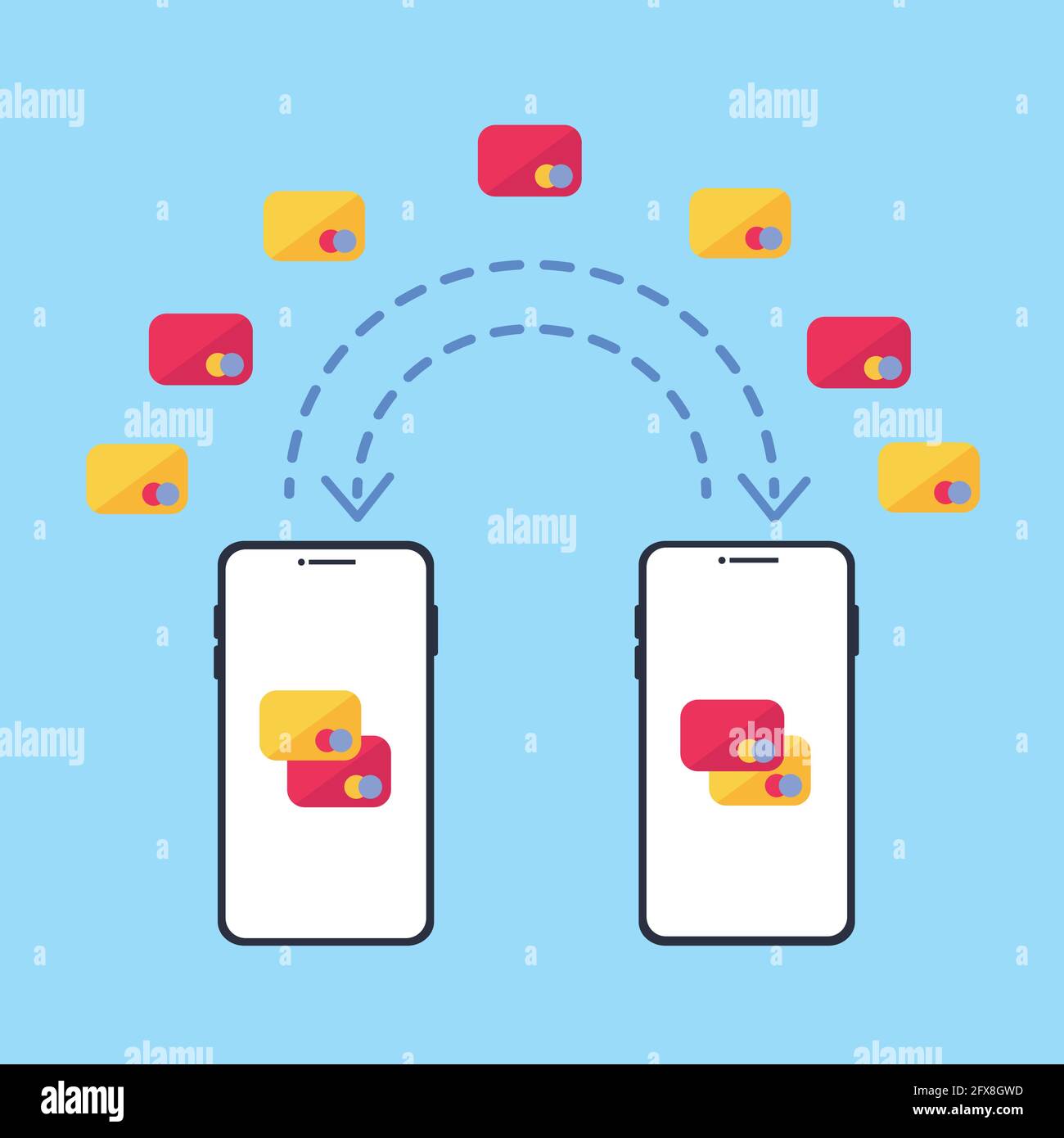 Trasferimento di denaro online tramite smartphone. Concept business vettoriale, stile piatto, tecnologia invia denaro. Illustrazione Vettoriale