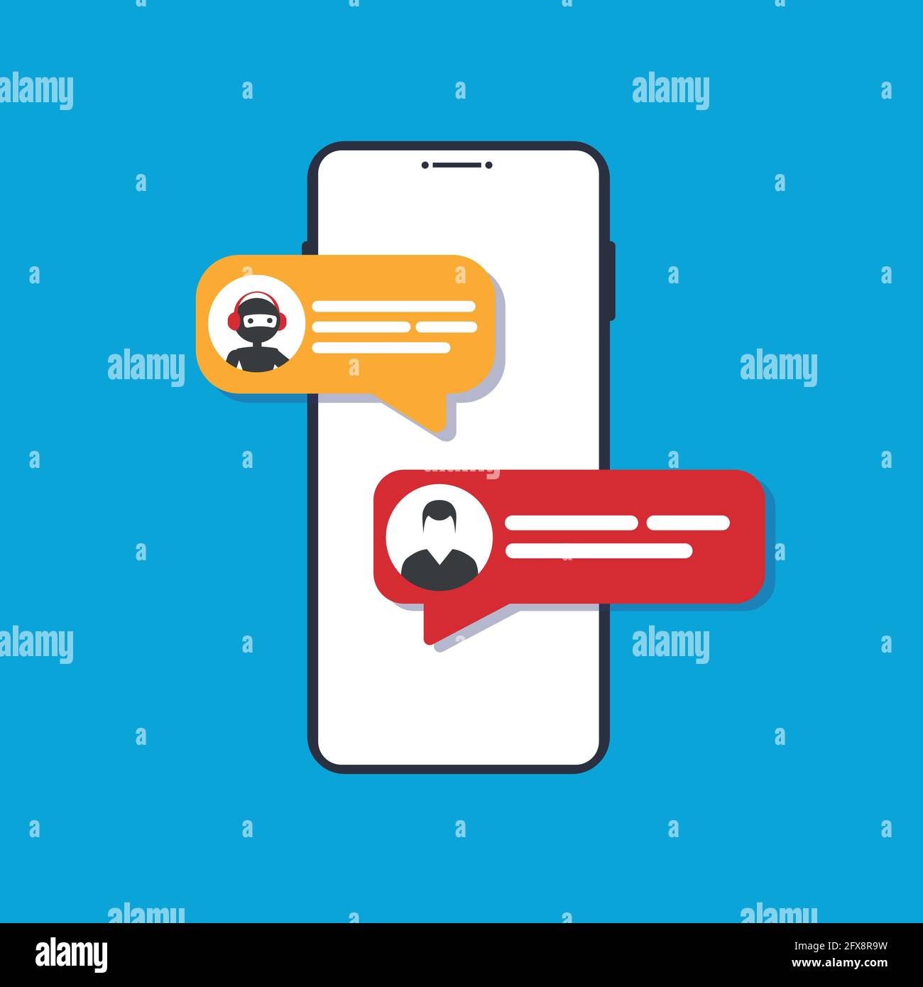 Conversazione tramite chatbot sullo schermo dell'app per smartphone con intelligenza artificiale tecnologia che fornisce supporto virtuale ai clienti Illustrazione Vettoriale