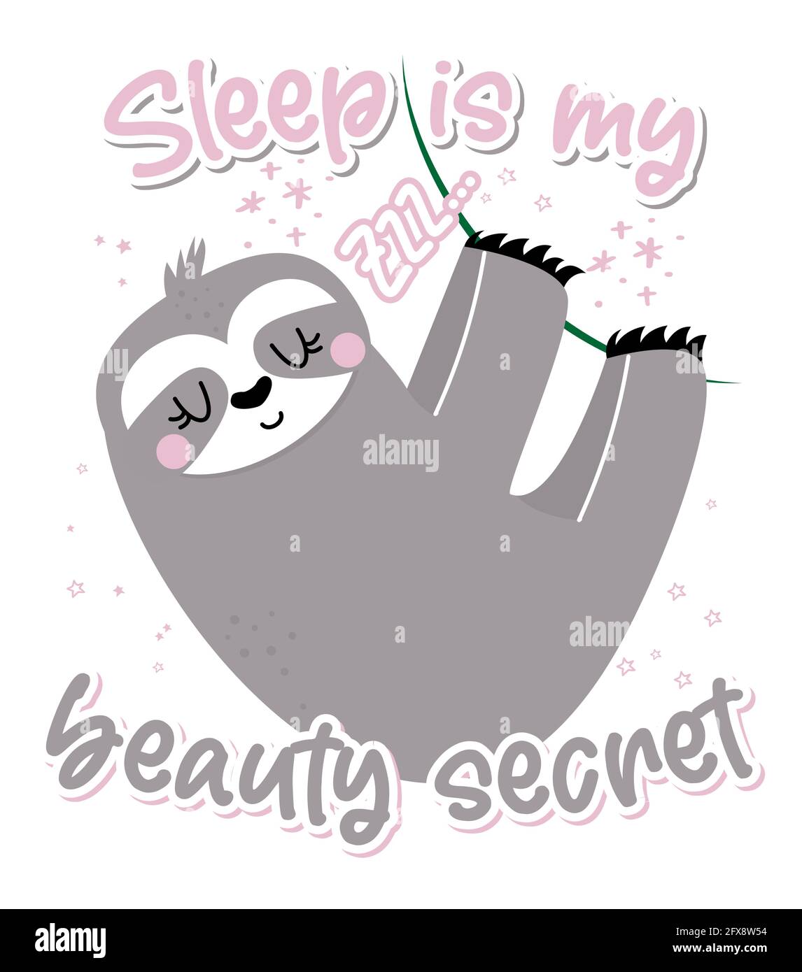 Dormire è il mio segreto di bellezza - cute sloth appeso sul ramoscello. Rilassatevi e godetevi l'estate. Stili di vita pigri, sensazioni, vibrazioni estive. Citazioni motivazionali. Ha Illustrazione Vettoriale