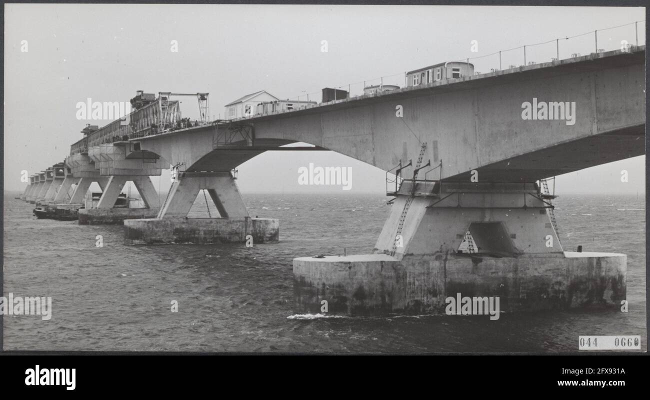 A Kats si sta lavorando duramente per avere il ponte sull'Oosterschelde, che con una lunghezza di cinque chilometri sarà il più grande d'Europa, pronto prima del 1° gennaio 1966. Le prime si trovano già in acqua a Kats in direzione di Zierikzee, 3 giugno 1964, costruzione, ponti, I Paesi Bassi, foto agenzia stampa del XX secolo, notizie da ricordare, documentario, fotografia storica 1945-1990, storie visive, Storia umana del XX secolo, che cattura momenti nel tempo Foto Stock