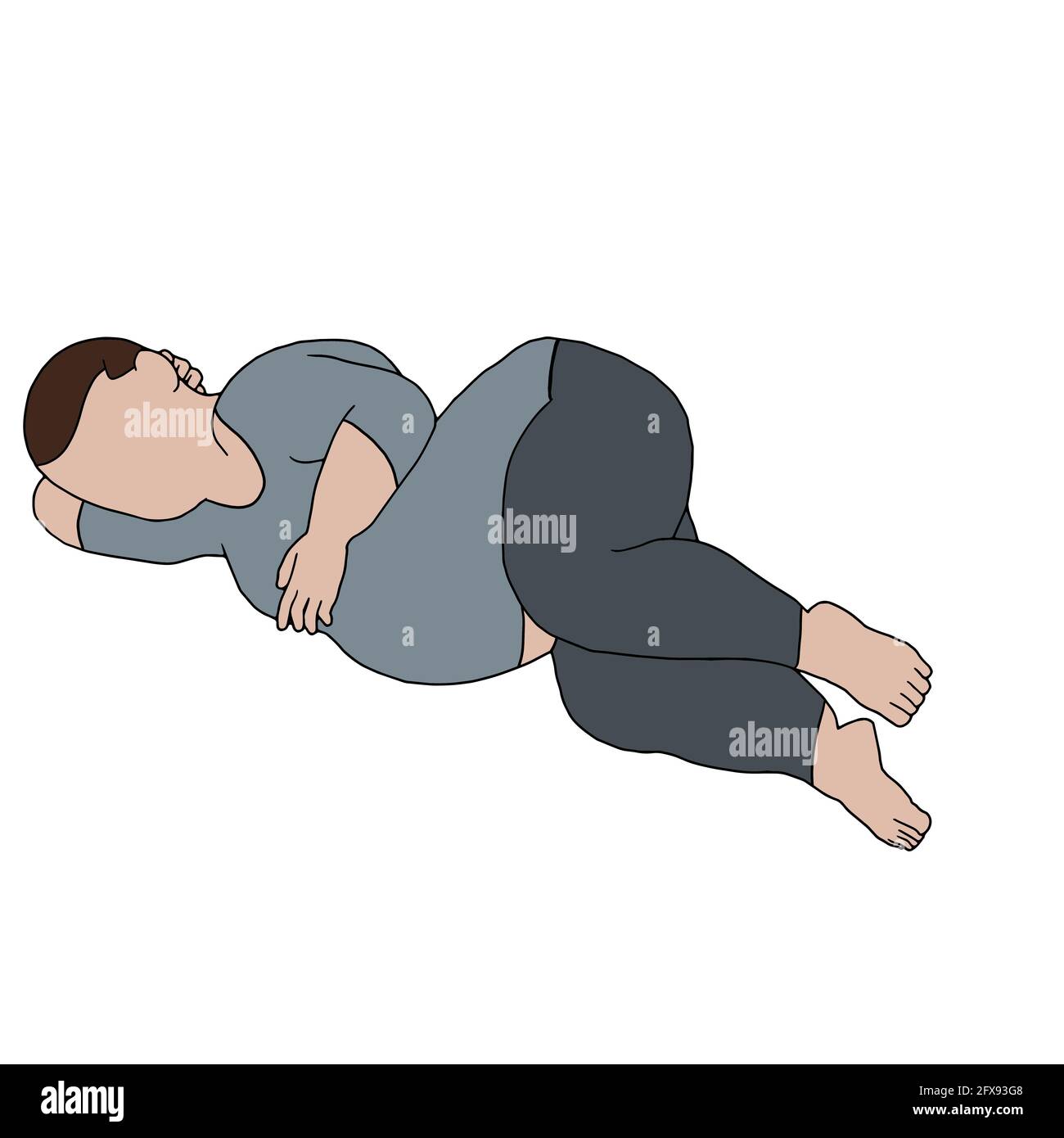 Illustrazione digitale di un maschio sovrappeso che posa sul suo lato isolato su uno sfondo bianco Foto Stock