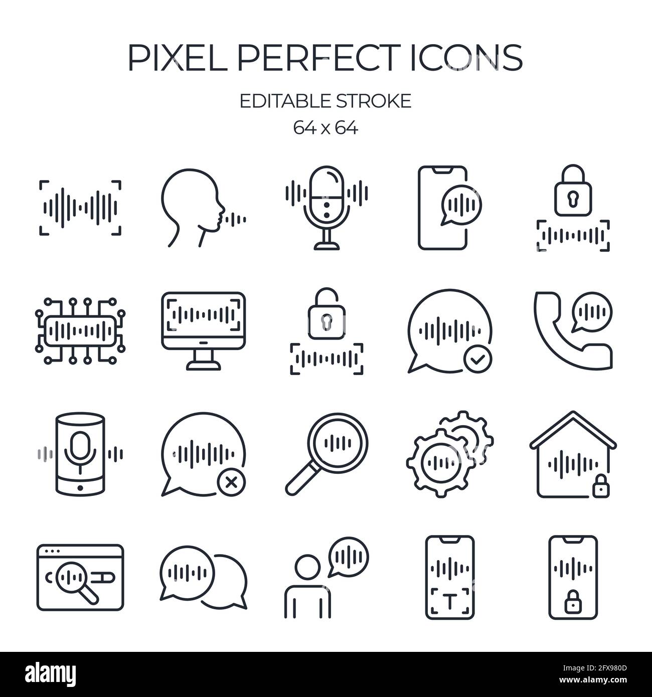Tecnologia di riconoscimento vocale icone modificabili del contorno del tratto isolate su sfondo bianco illustrazione vettoriale piatta. Pixel perfetto. 64 x 64. Illustrazione Vettoriale