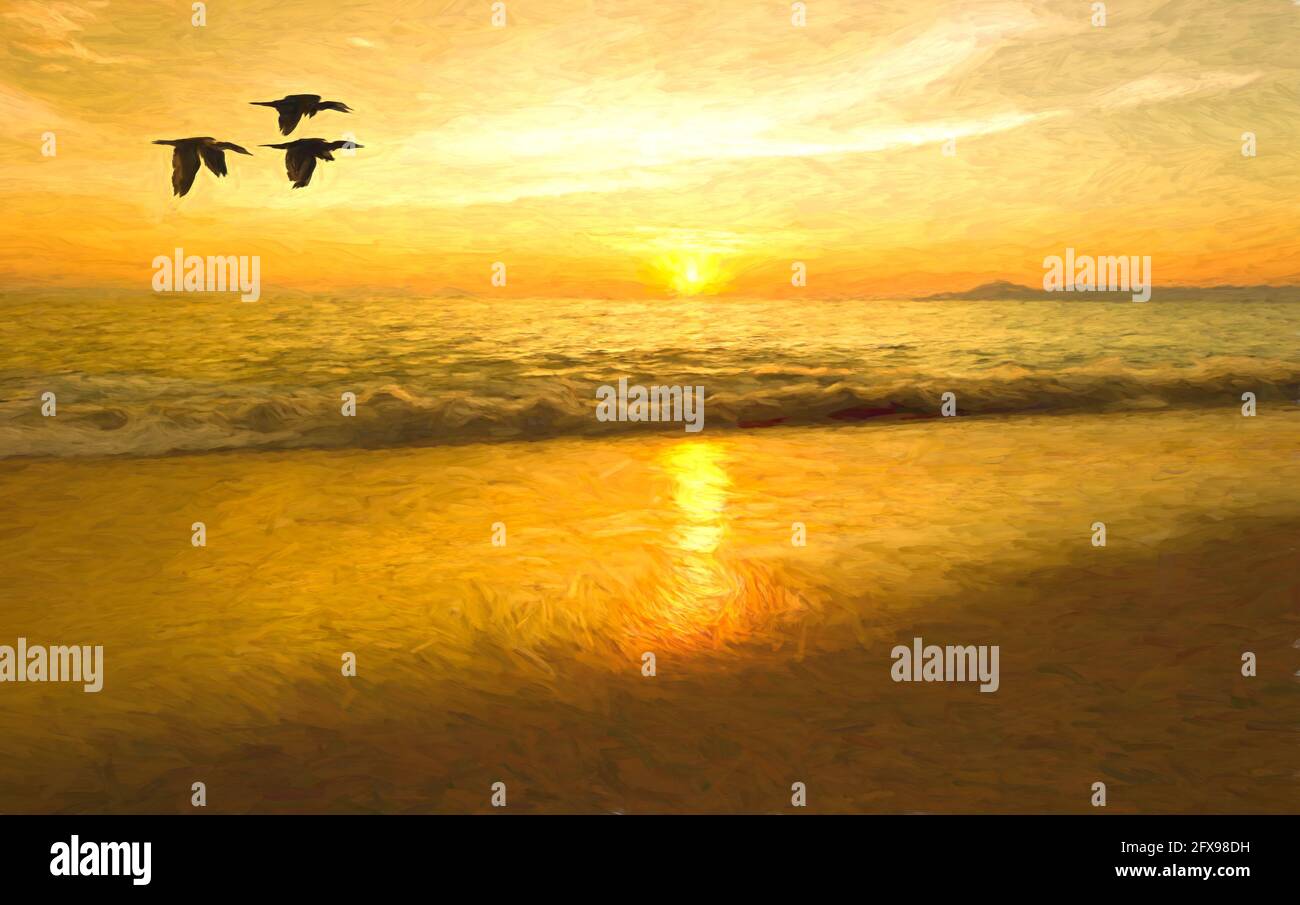 Tre silhouette di uccelli stanno volando nel cielo di tramonto dell'oceano Come un'onda dolce rotola a Shore nella pittura di illustrazione Formato Foto Stock