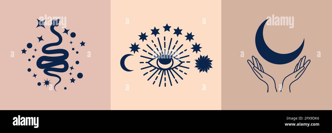 Insieme di simboli mistici per le pratiche spirituali. Le mani magiche mantengono la mezzaluna, il cristallo, il ramo sullo sfondo delle stelle Illustrazione Vettoriale