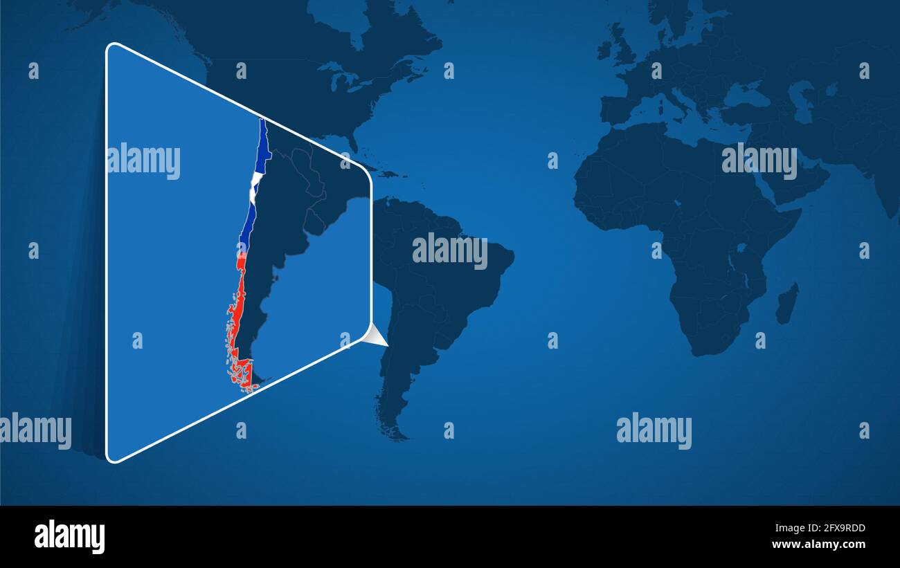 Posizione del Cile sulla mappa del mondo con carta ingrandita del Cile con bandiera. Modello vettoriale geografico per il progetto. Illustrazione Vettoriale