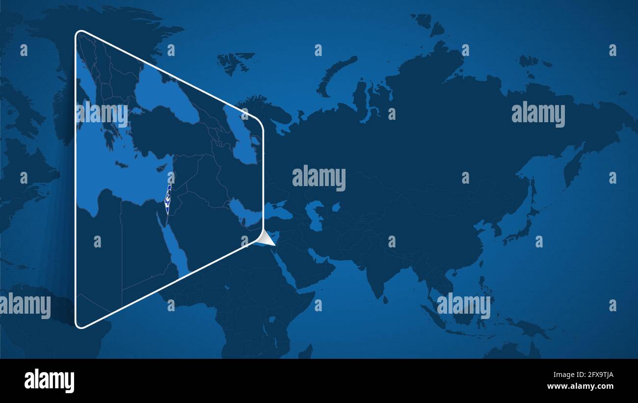 Posizione di Israele sulla mappa del mondo con carta ingrandita di Israele con bandiera. Modello vettoriale geografico per il progetto. Illustrazione Vettoriale