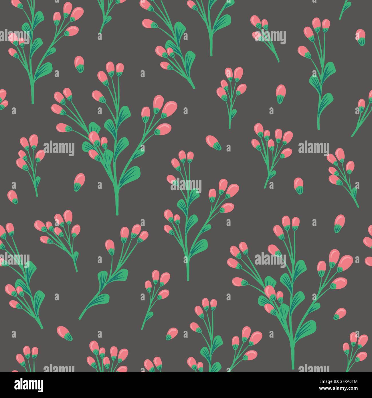 pattern con ramoscelli e bacche, su sfondo scuro Foto Stock