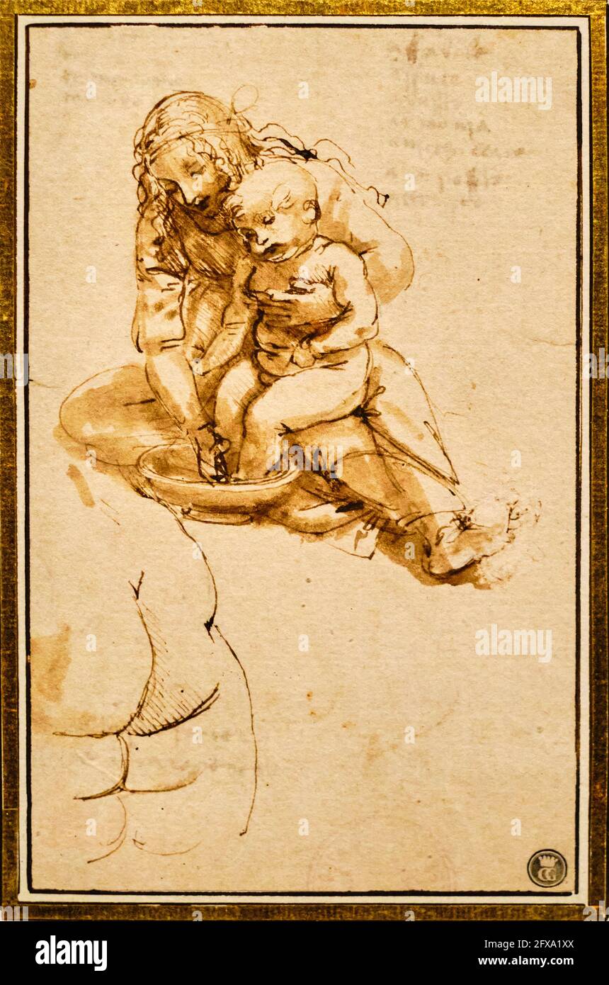 Portogallo, Porto, Faculdade de Bellas Artes, Leonardo da Vinci, Studio per una Madonna col Bambino che lava i piedi di Gesù, e natiche di un bambino Foto Stock