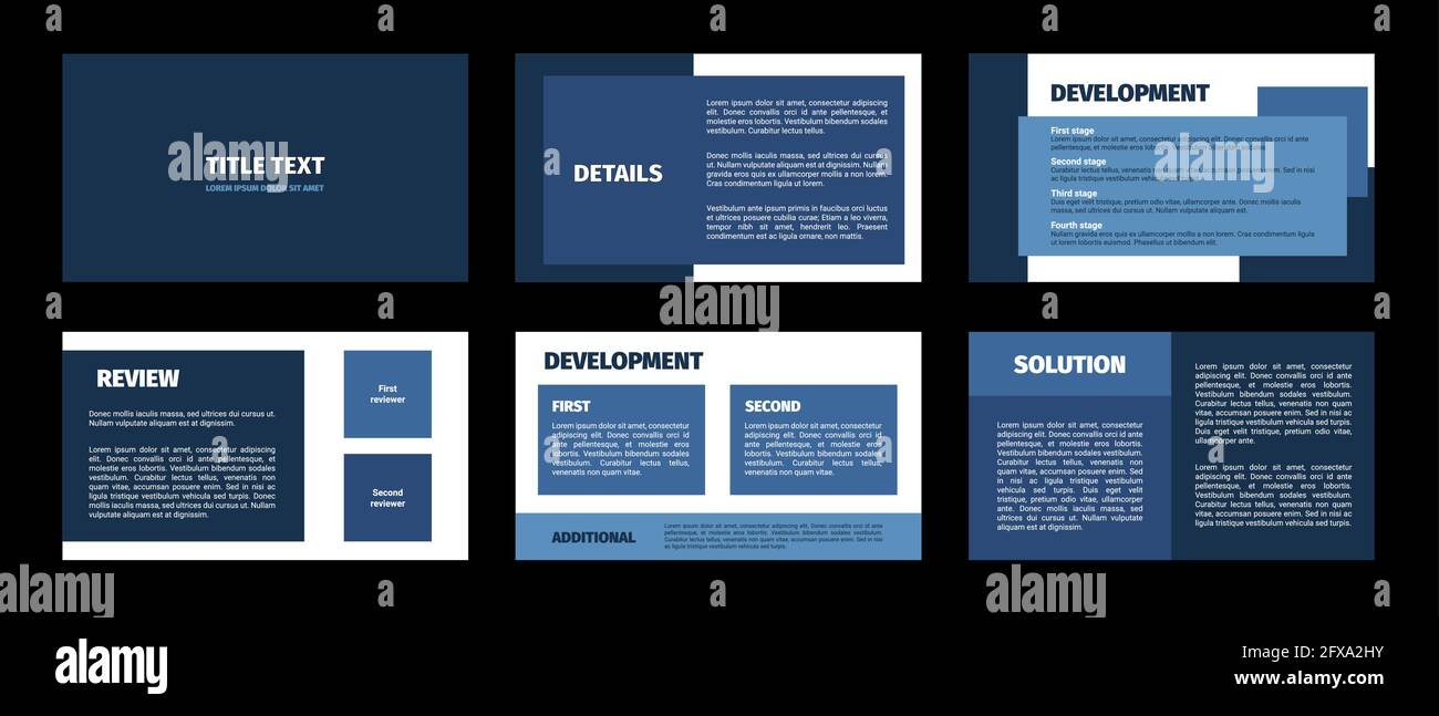 Modello di presentazione. Design piatto con rettangoli blu, sfondo bianco. 6 vetrini. Titolo, dettagli, sviluppo, revisione, soluzione. Documentazione aziendale moderna Illustrazione Vettoriale