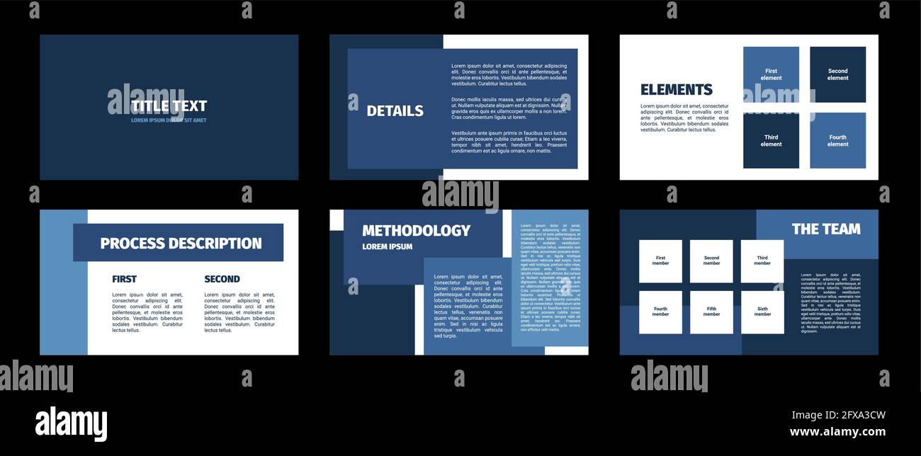 Modello di presentazione. Design piatto con rettangoli blu, sfondo bianco. 6 vetrini. Titolo, dettagli, elementi, descrizione del processo, metodologia, team. Modalità Illustrazione Vettoriale