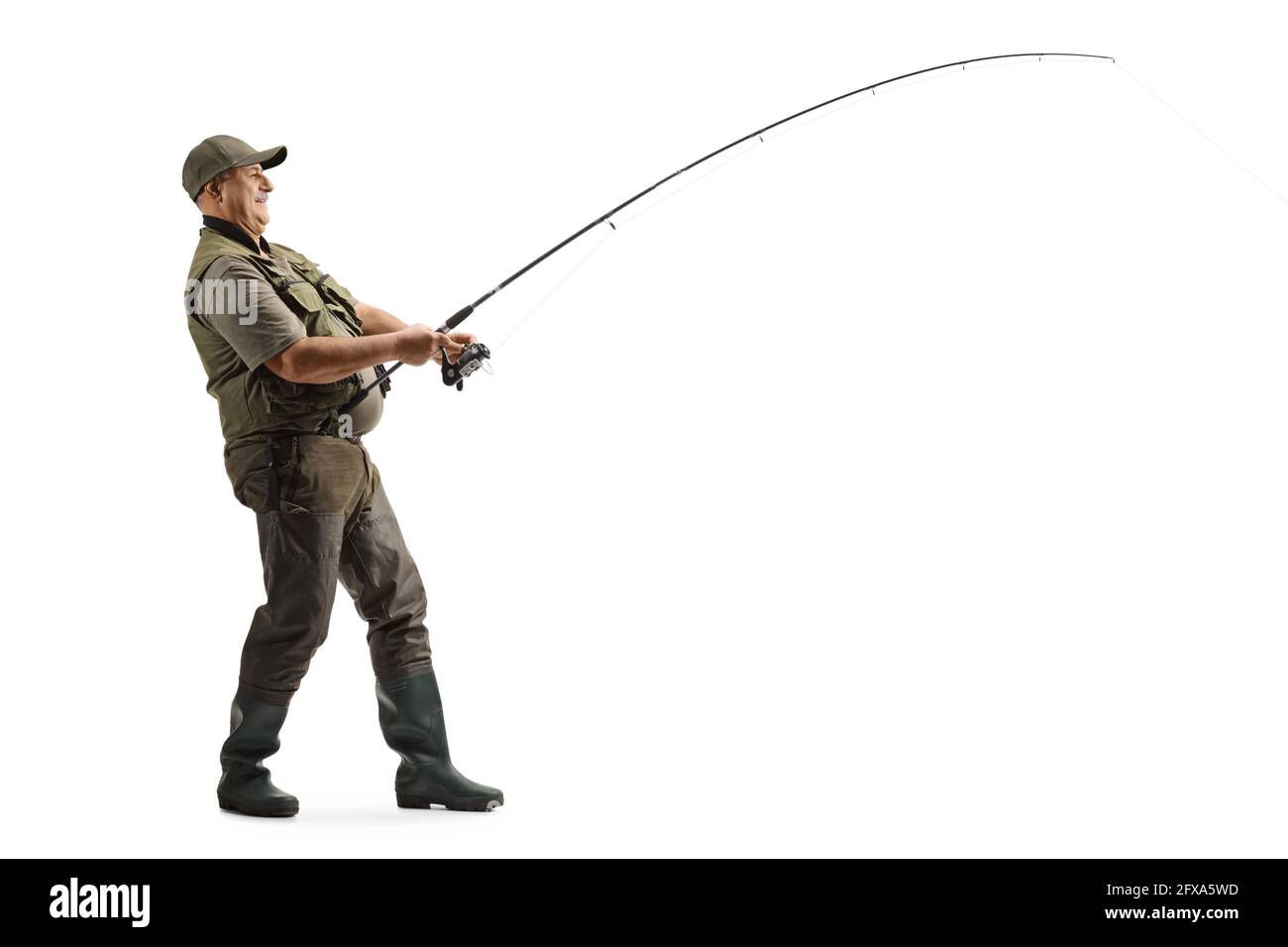 Foto di profilo di lunghezza completa di un pescatore maturo in un pesca uniforme isolato su sfondo bianco Foto Stock
