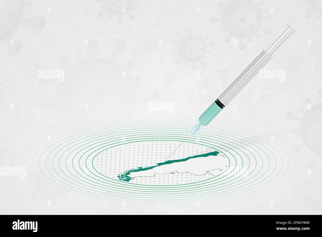 Concetto di vaccinazione del Cile, iniezione di vaccino in mappa del Cile. Vaccino e vaccinazione contro il coronavirus, COVID-19. Modello vettoriale per l'assistenza sanitaria. Illustrazione Vettoriale