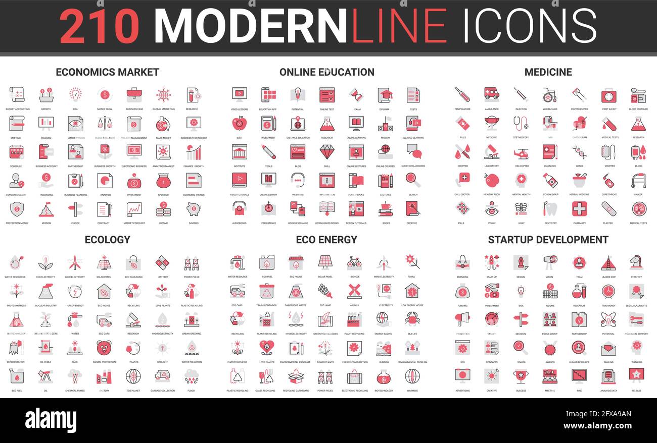 Mercato azionario di economia, sviluppo di affari di startup, insieme di illustrazione vettoriale di icona di linea di tecnologia di eco-energia. Simboli lineari sottili neri rossi per formazione online, medicina, ecologia Illustrazione Vettoriale