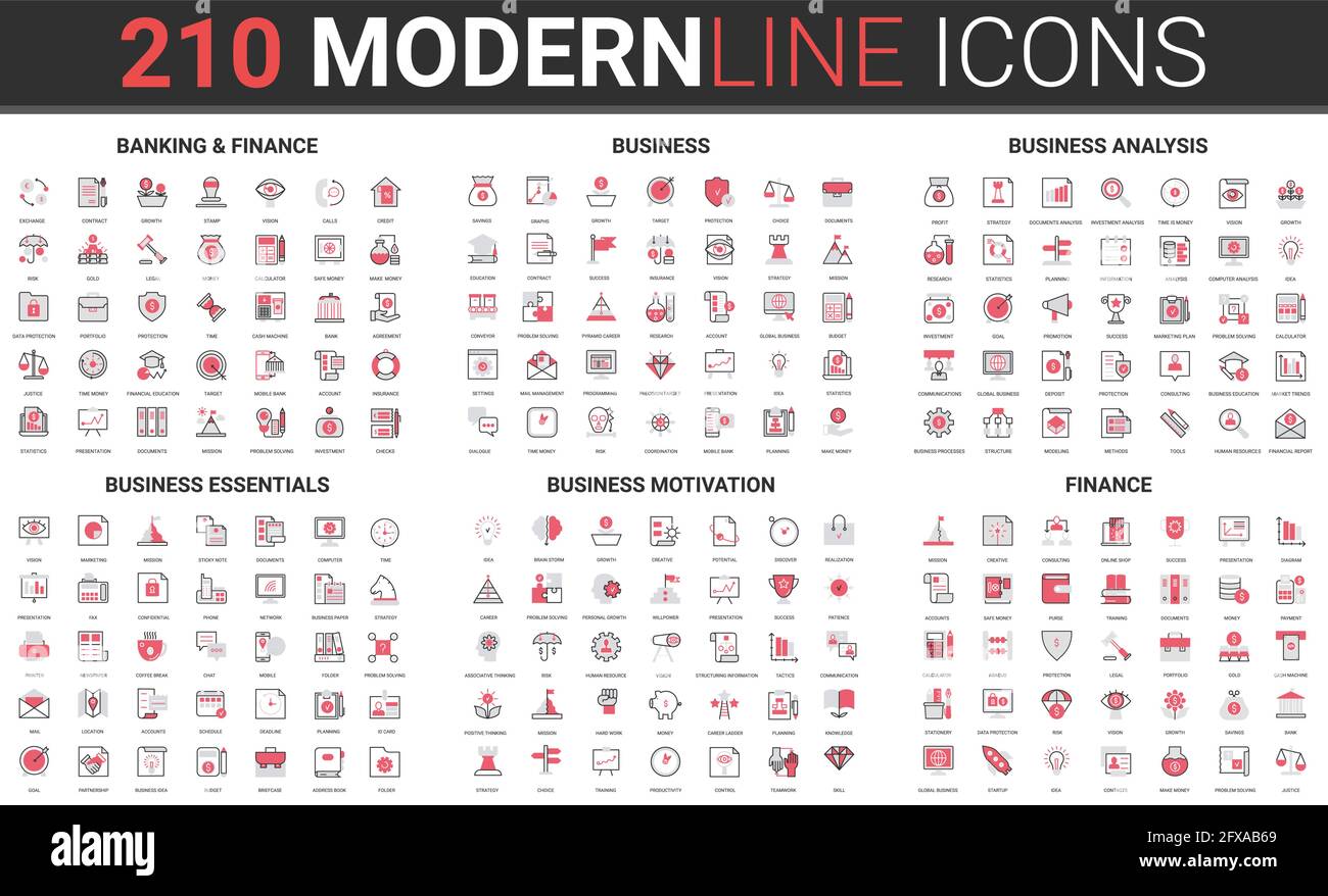 Analisi finanziaria e bancario, motivazione commerciale sottile linea nera icona vettore illustrazione insieme. Delineare simboli di pagamento di denaro sicuro, crescita degli investimenti del business del credito, segni di ricerca del mercato azionario Illustrazione Vettoriale