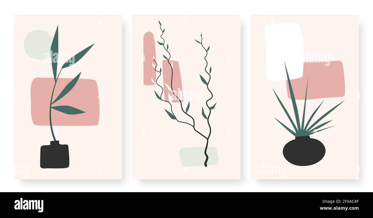 Forme geometriche astratte, vasi con ramo di pianta e set di illustrazioni vettoriali di foglie. Foglie di boho minimal arredamento moderno estetico parete, sfondo minimalista modello carta da parati per storie di social media Illustrazione Vettoriale