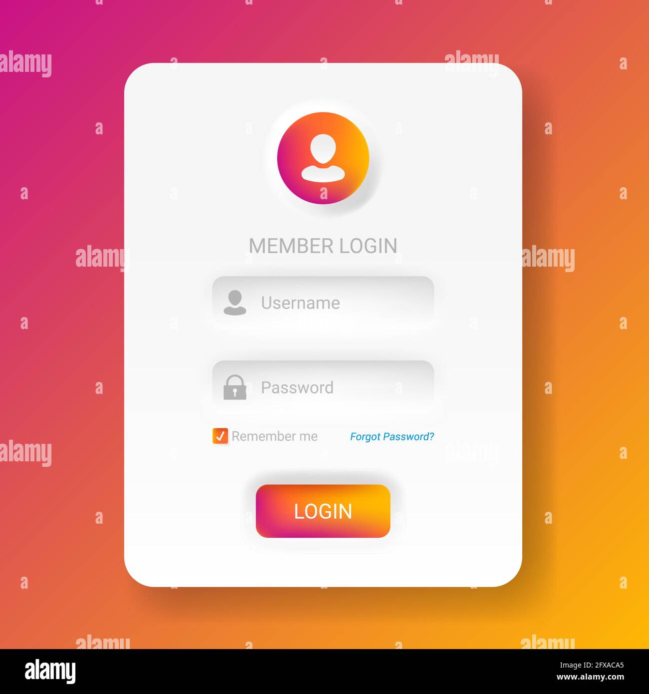 Menu di login dei membri in stile neomorfico o neomorfista, moderno kit UI UX 2020 minimalistico bianco, illustrazione vettoriale facile da modificare. Illustrazione Vettoriale