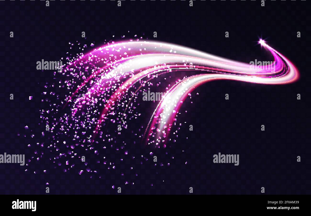 Glitter scintillante stella traccia, effetto luce, astratto onde flusso vettore illustrazione. La cometa magica al neon meteora con il pennacchio delle stelle che vola, la curva dinamica del moto di turbolenza bagliore su sfondo scuro trasparente Illustrazione Vettoriale