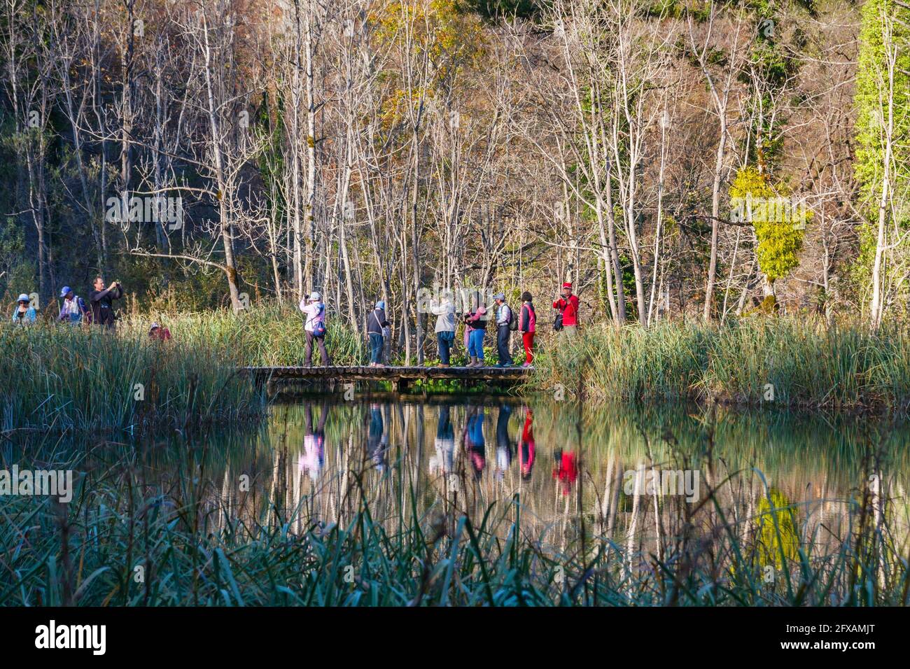 Parco Nazionale di Plitvice, Croazia. Vista autunnale di uno dei laghi con turisti che attraversano un ponte Foto Stock