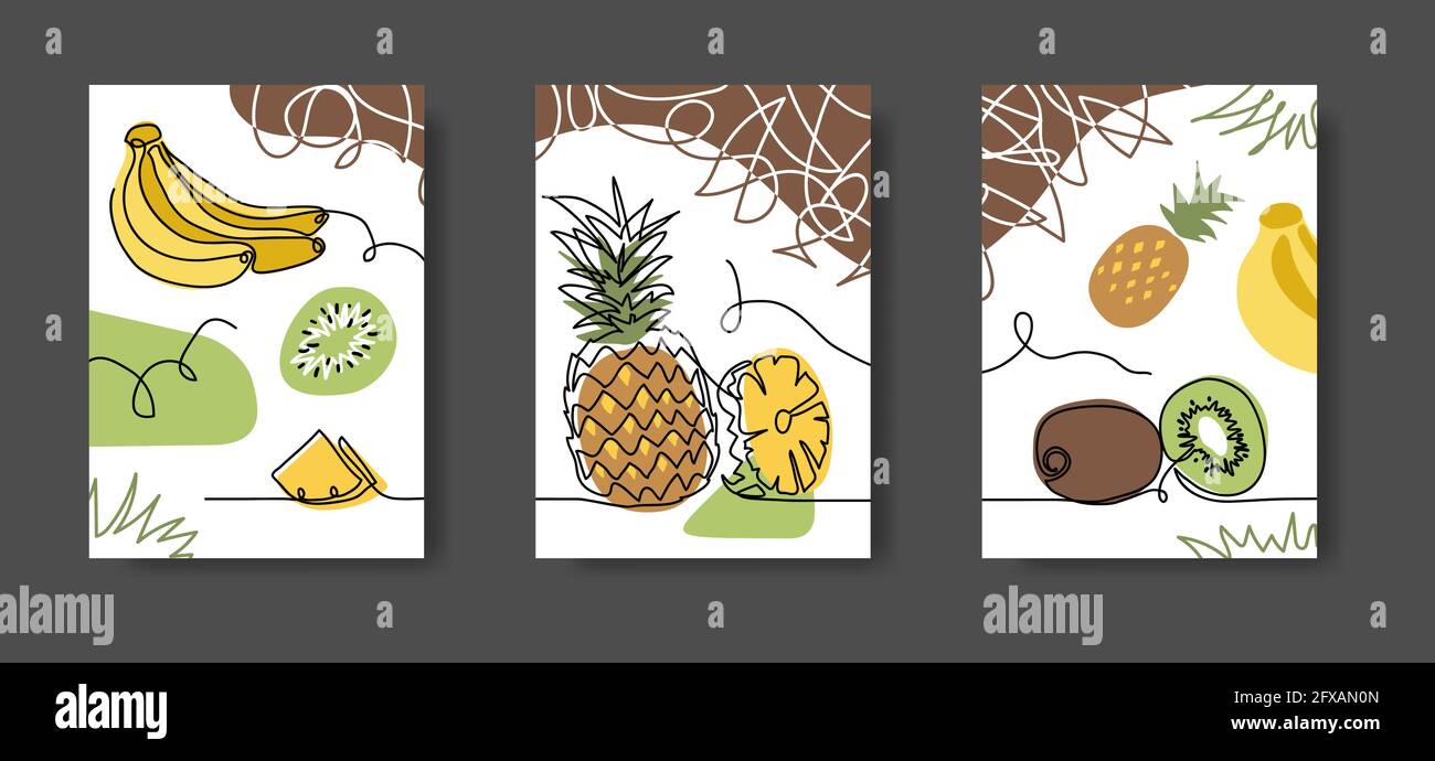 Esotico, frutti tropicali muro lineart decorazione. Ananas, banane, kiwi. Set di illustrazioni vettoriali, un lineart di parete continuo per cucina o. Illustrazione Vettoriale