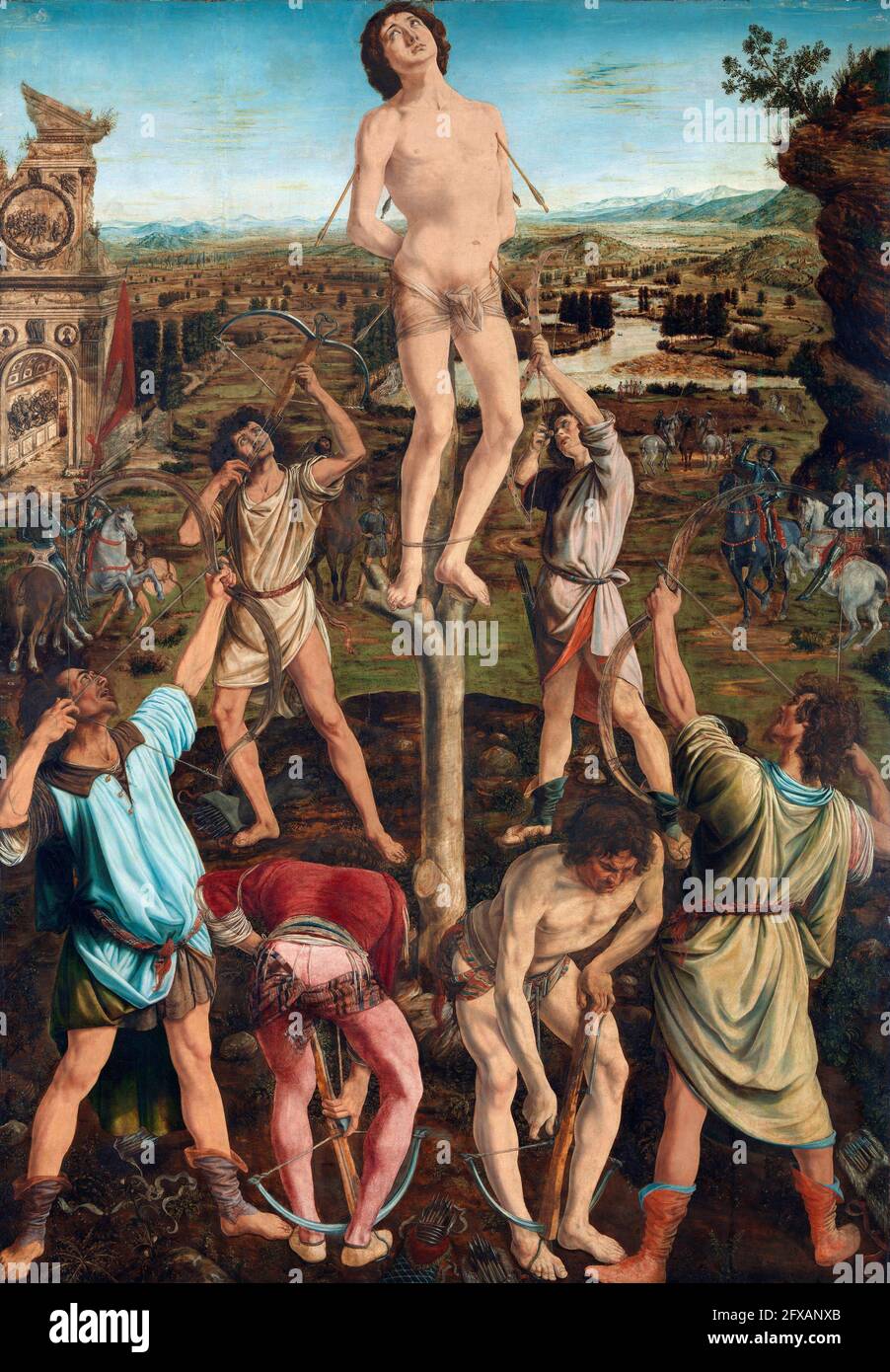 Il martirio di San Sebastiano di Antonio del Pollaiuolo (1429/1433-1498) e Piero del Pollaiuolo (c.. 1443-1496 ), olio su legno, 1475 Foto Stock