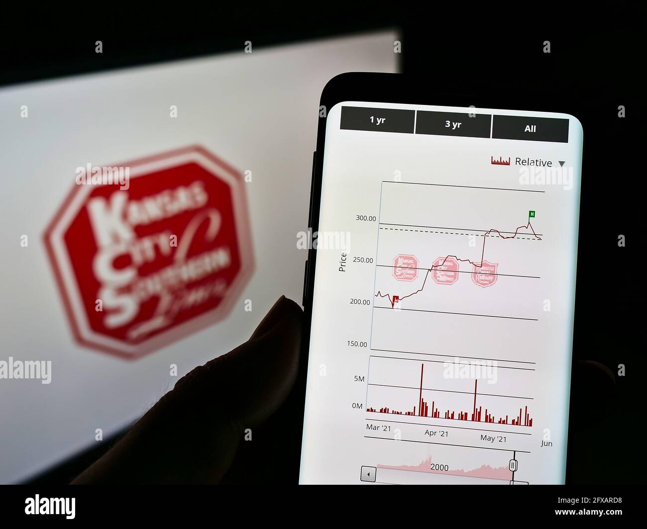 Persona in possesso di smartphone con pagina web della Kansas City Southern Railway Company sullo schermo davanti al logo. Mettere a fuoco il centro del display del telefono. Foto Stock Persona in possesso di smartphone con pagina web della Kansas City Southern Railway Company sullo schermo davanti al logo. Mettere a fuoco il centro del display del telefono. Foto Stock