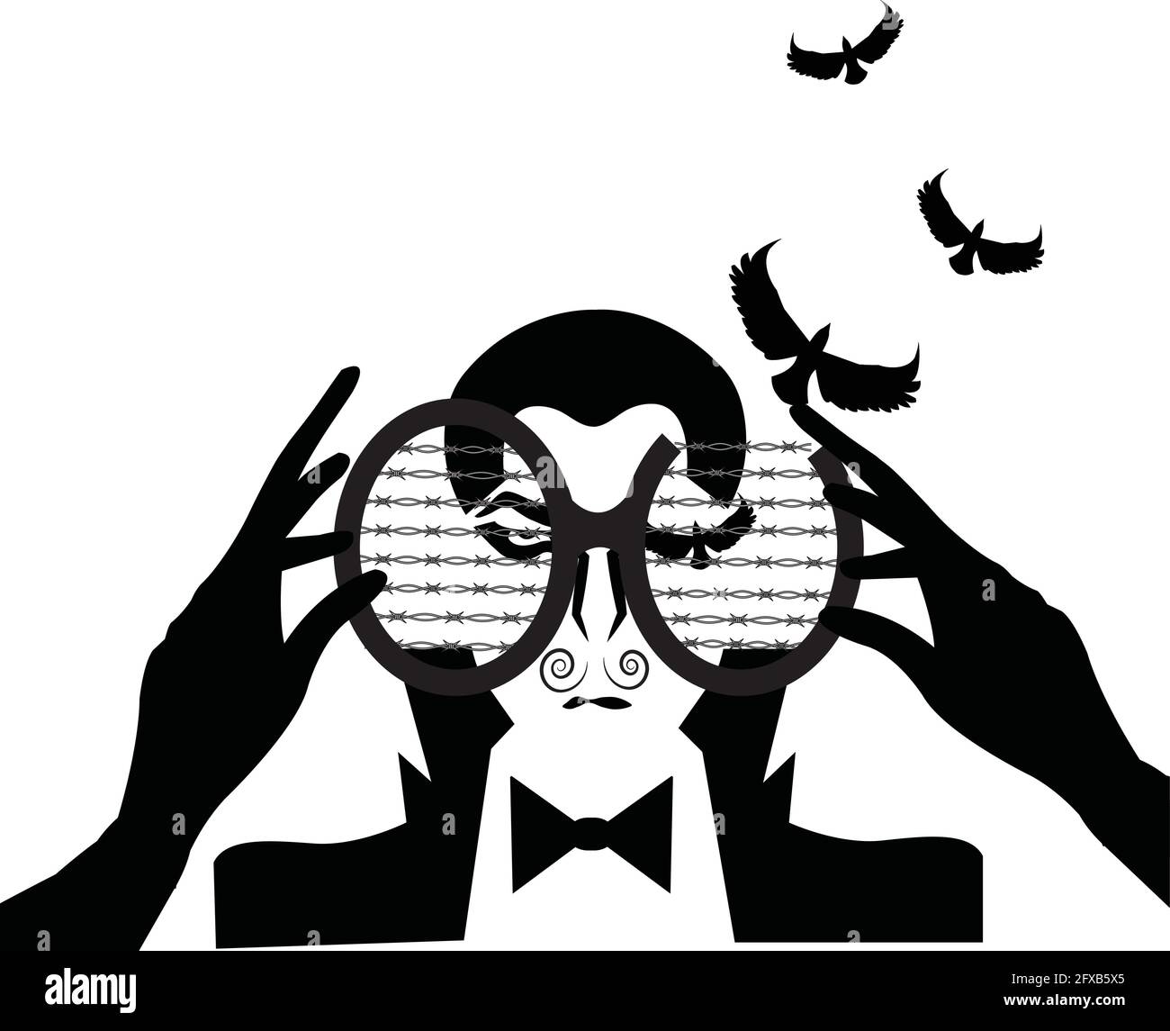 illustrazione di un uomo che guarda attraverso un binnacle e che ha occhi nella forma di uccelli che stanno decollo, isolato su bianco Illustrazione Vettoriale