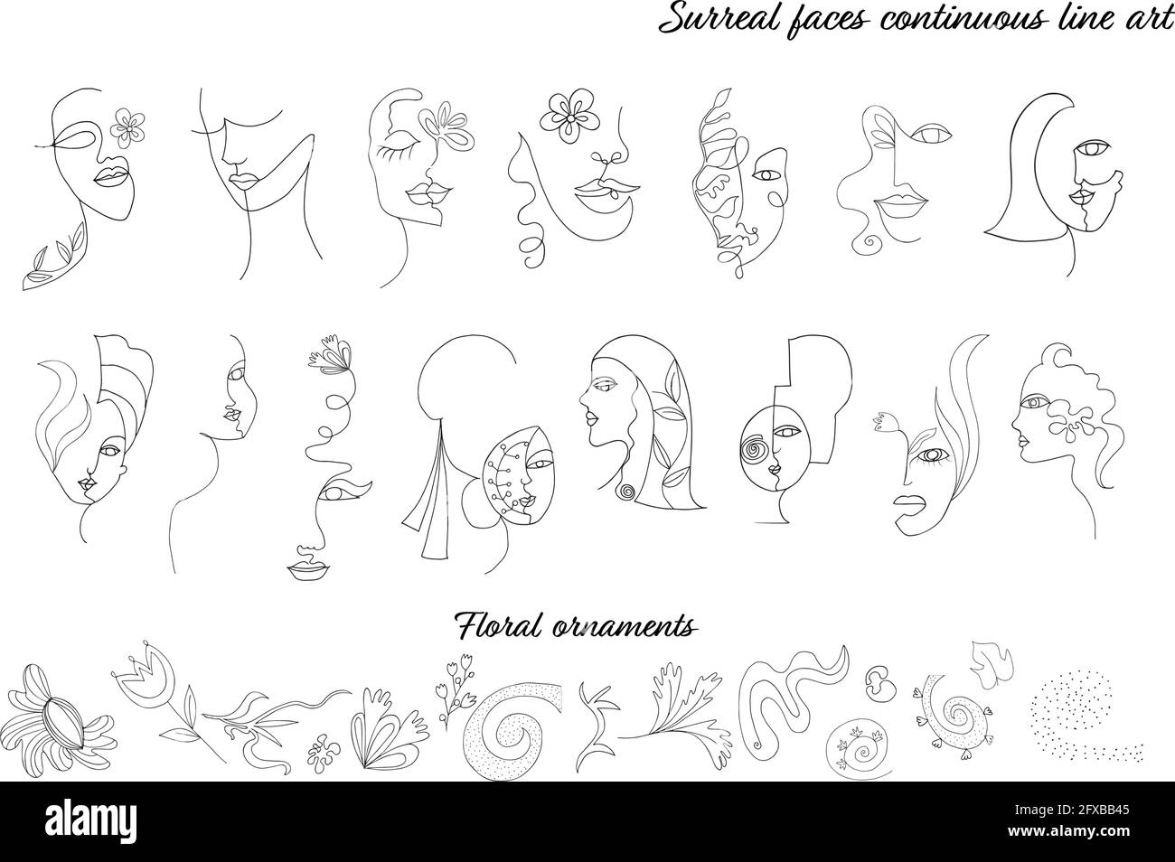 Illustrazione astratta le donne set volti in moderno minimalista continuo Linea art style.Drawing.Beauty e fashion concept.Isolated facce surreali Illustrazione Vettoriale
