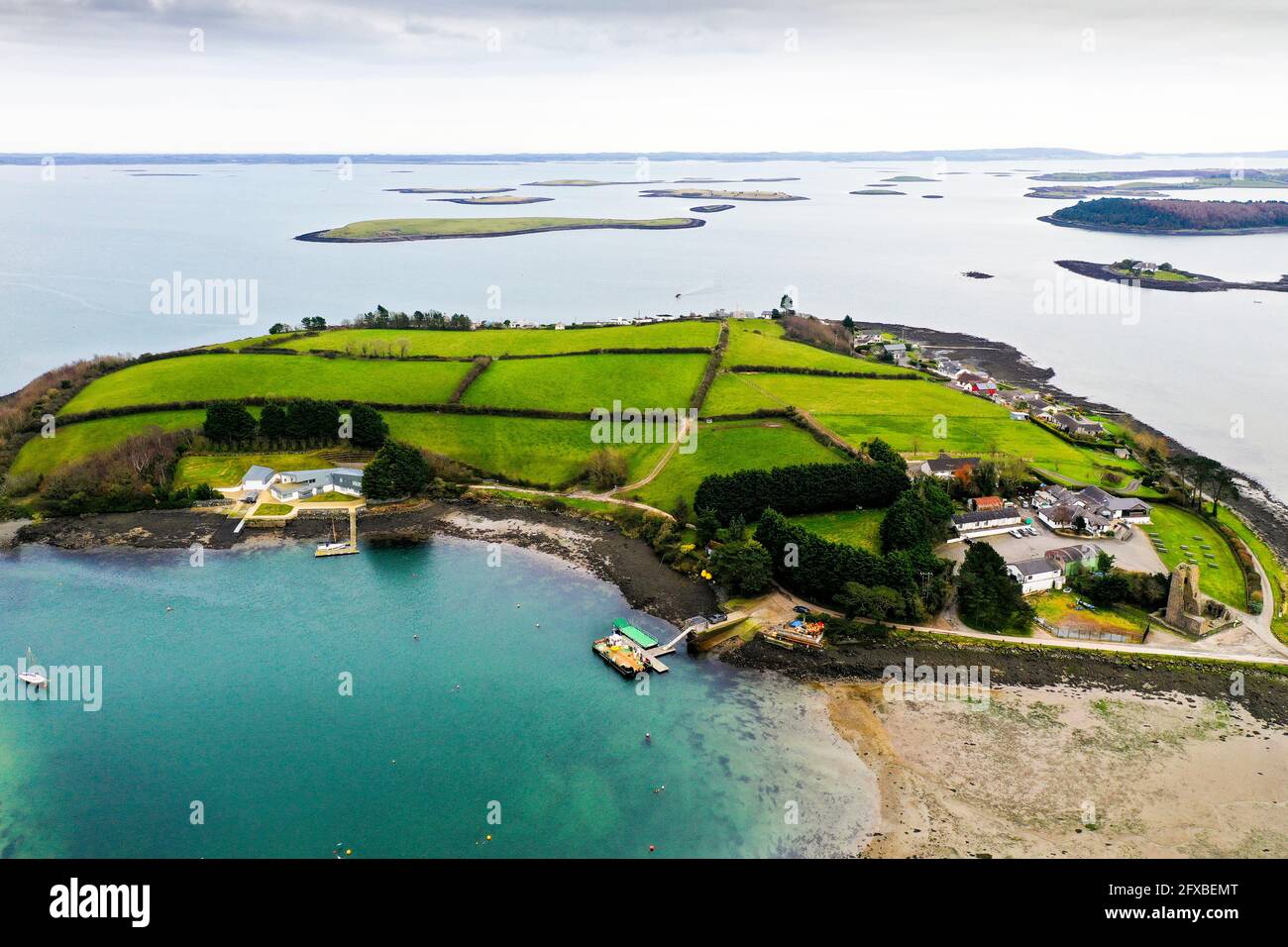 Vista aerea del drone su Sketrick Island Strangford Lough Foto Stock