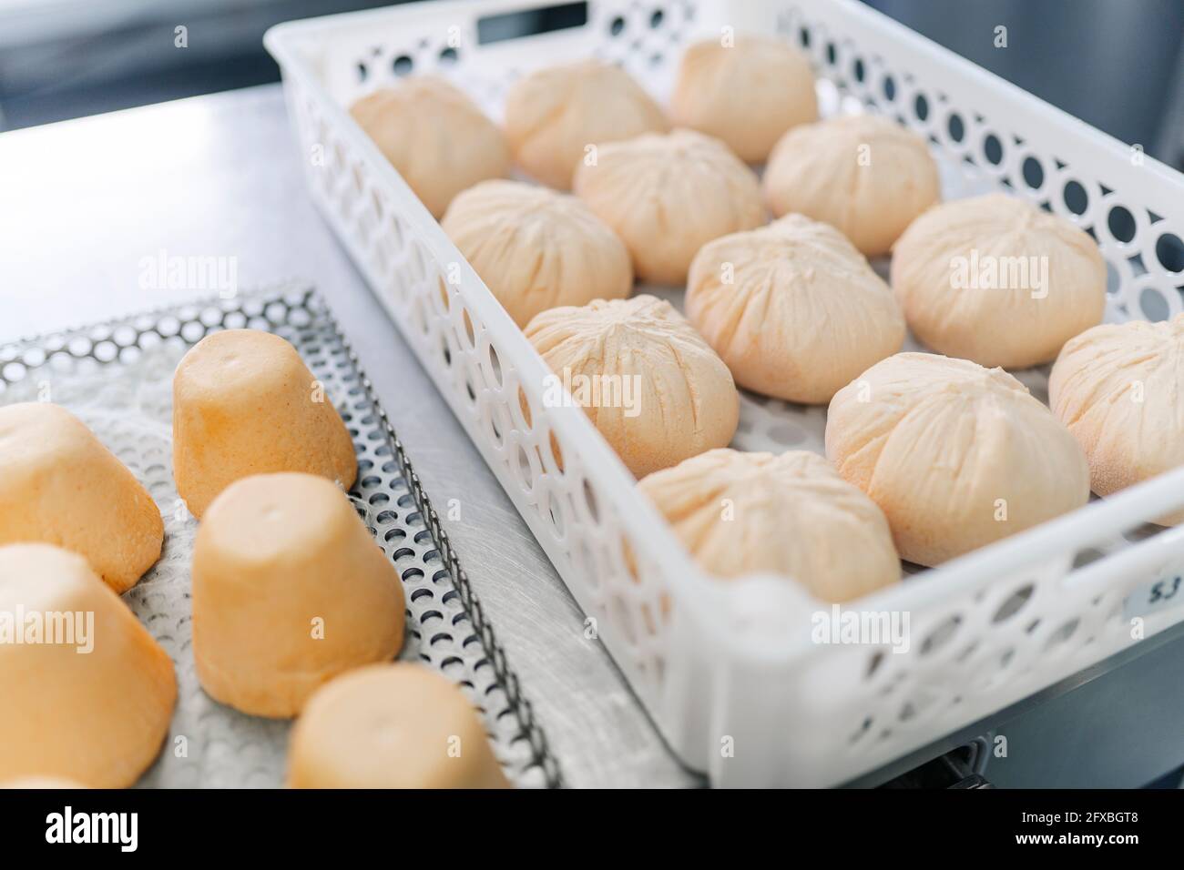 Formaggio in contenitore di plastica presso la fabbrica di latte Foto Stock