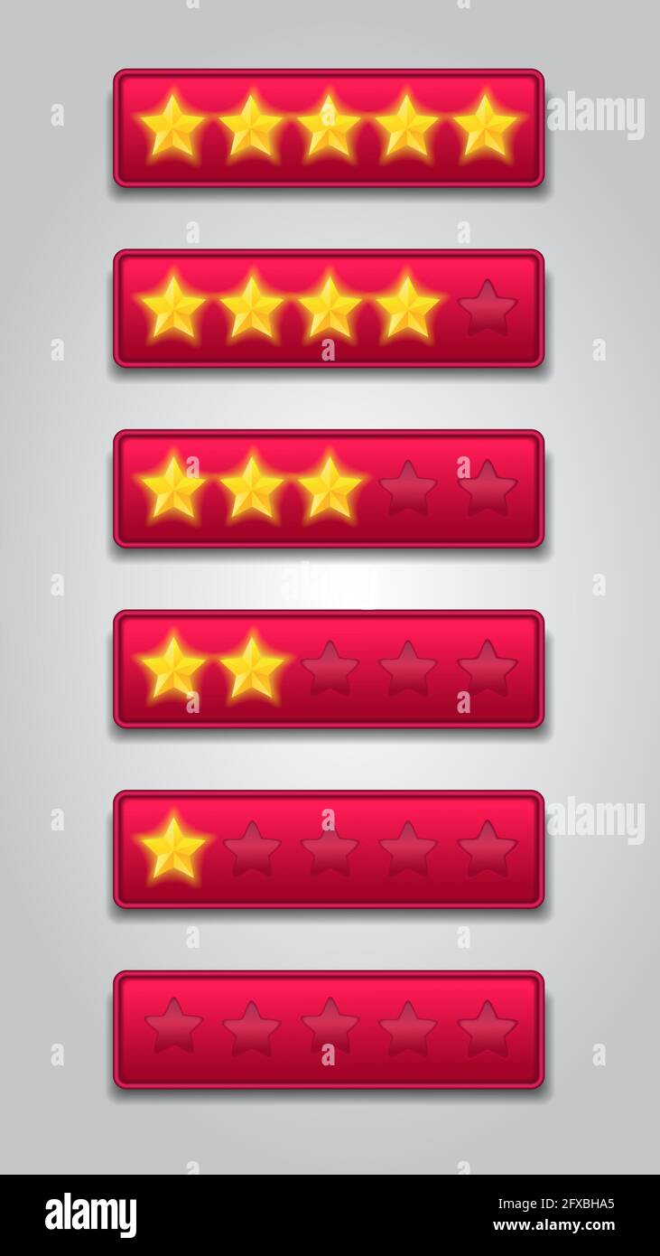 set di classificazione a stelle. Sistema di feedback dei clienti. Stelle d'oro lucide e realistiche davanti al rettangolo rosso, illustrazione vettoriale moderna Illustrazione Vettoriale
