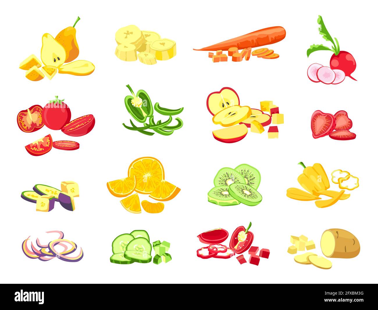 Frutta e verdura a fette. Cartone animato cibo vegetariano fette tagliate, anelli e pezzi. Frutta a metà taglio di arancio, mela e banana insieme vettoriale Illustrazione Vettoriale
