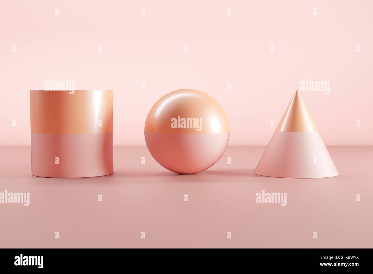 Rappresentazione tridimensionale di sfera rosa e arancione, cono e cilindro Foto Stock
