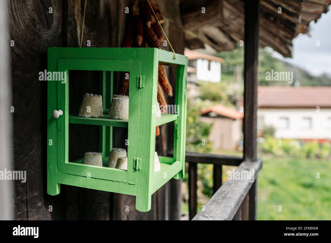 Formaggio in armadietto verde appeso al balcone Foto Stock