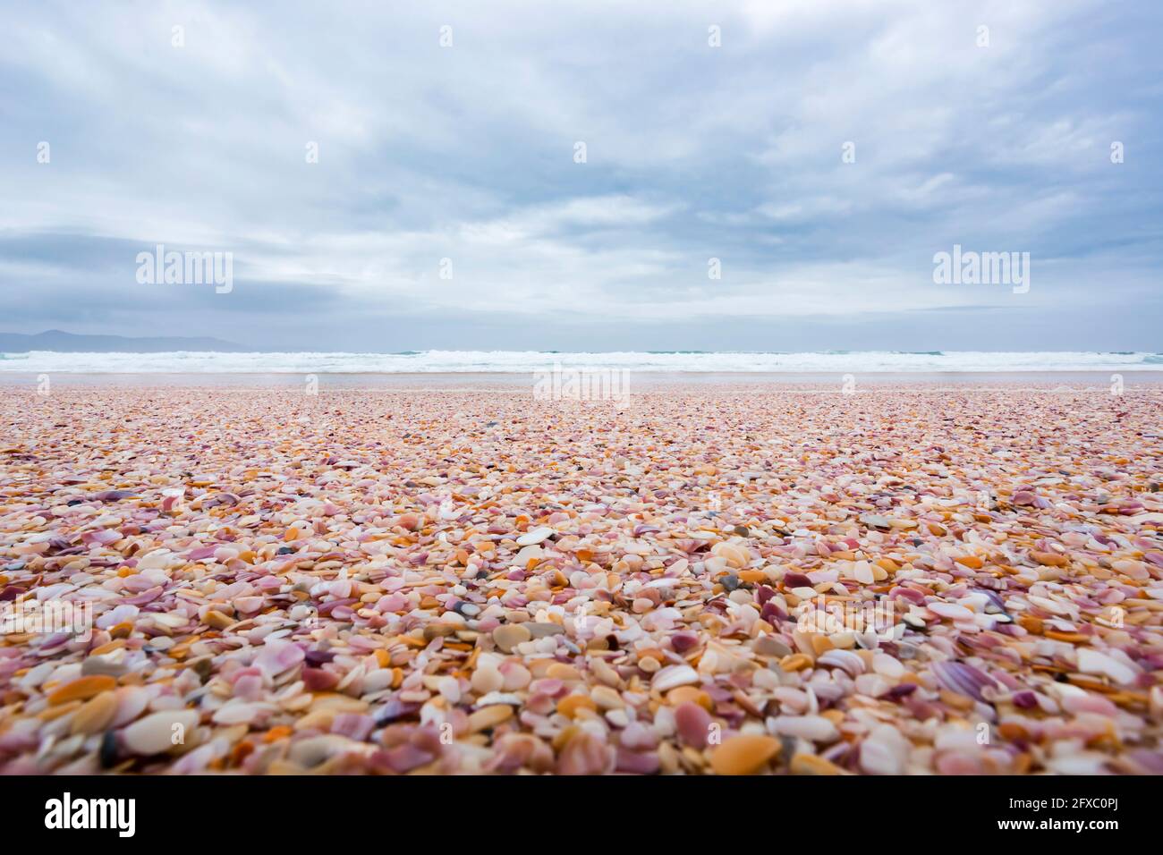 Ciottoli sulla spiaggia costiera di ofÂ Spirits Bay Foto Stock