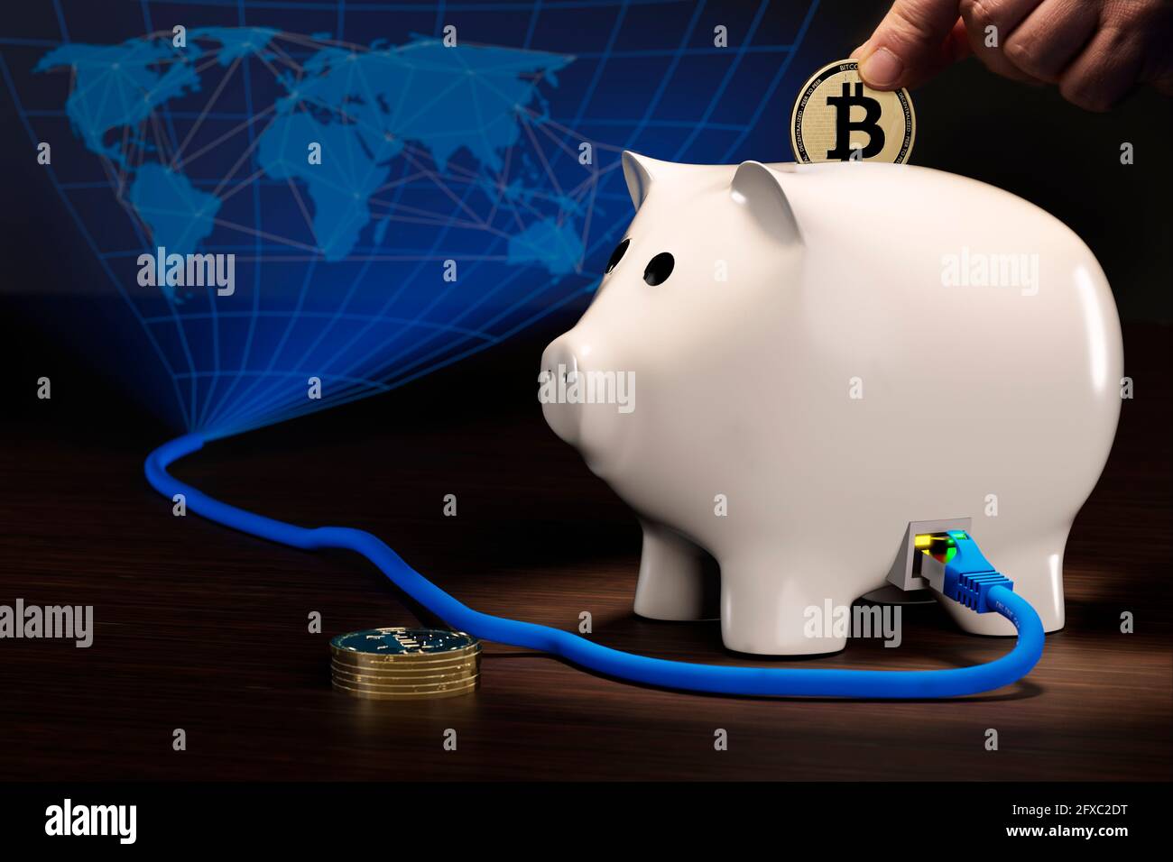 CGI concetto di banca piggy di finanziamento decentrato per bitcoin Foto Stock