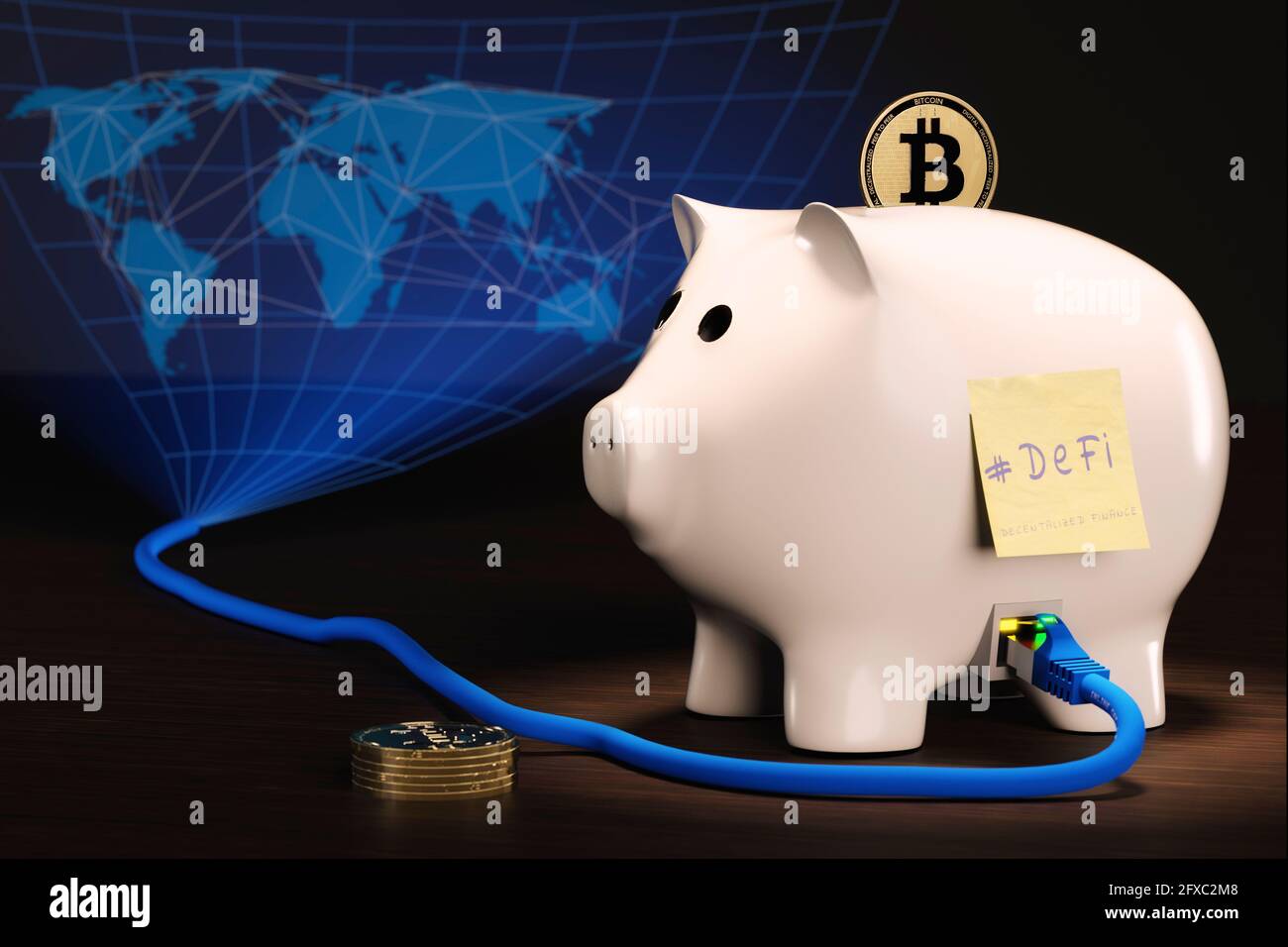 CGI concetto di banca piggy di finanziamento decentrato per bitcoin Foto Stock