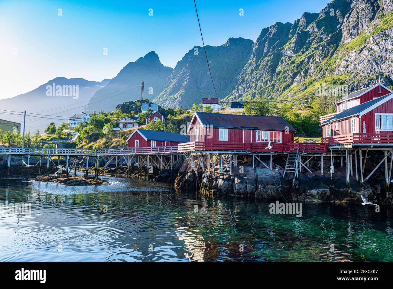 Case rosse nel villaggio di Lofoten, Norvegia Foto Stock