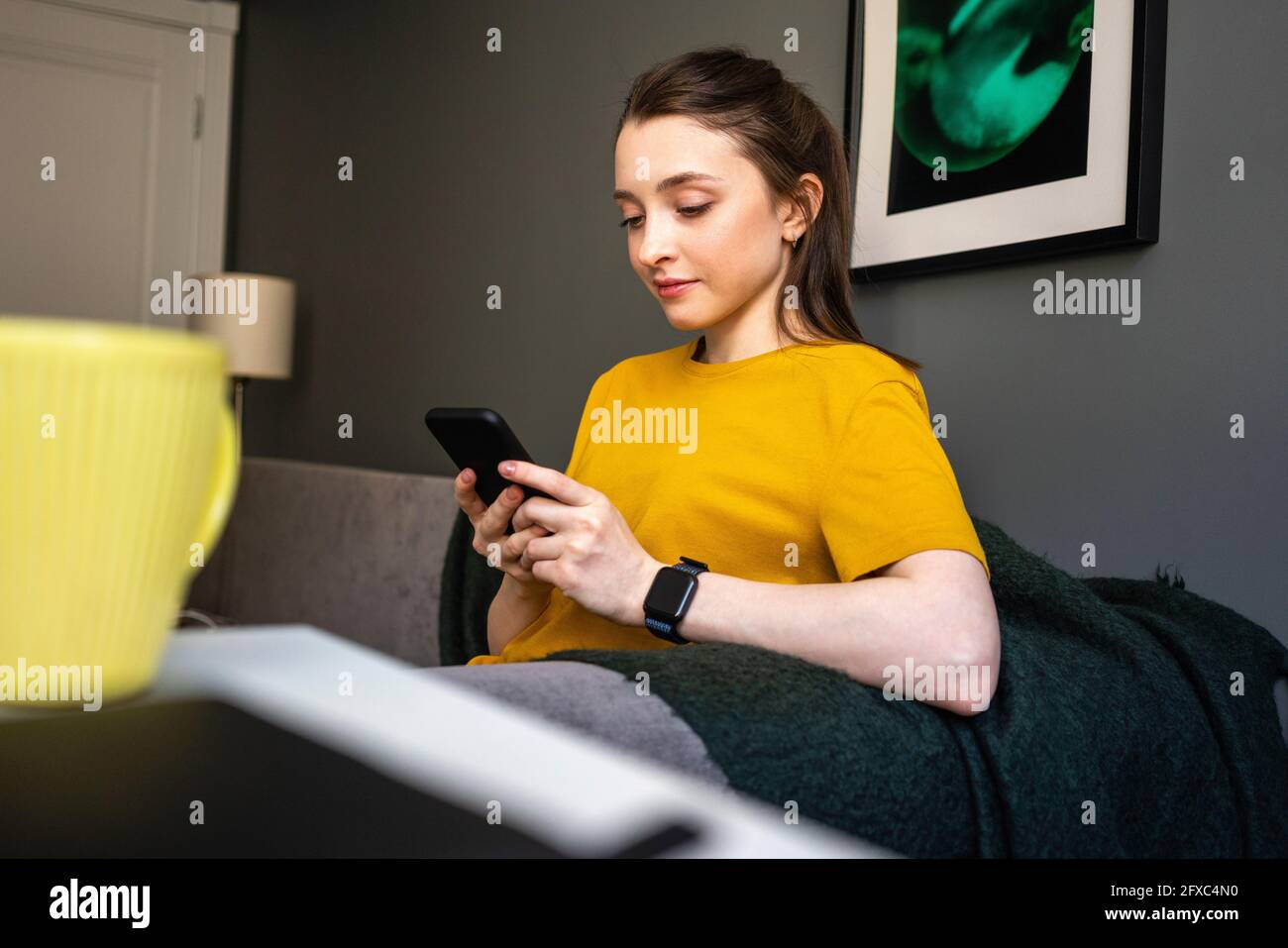 Donna che utilizza un cellulare in salotto Foto Stock