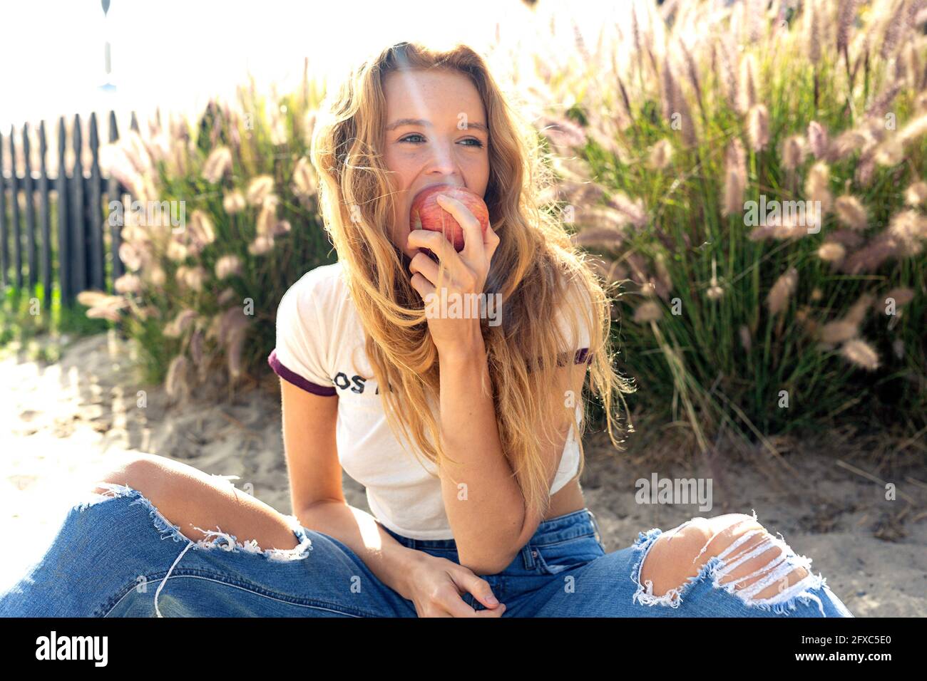 Giovane donna che mangia la mela mentre si siede sulla sabbia durante il giorno di sole Foto Stock