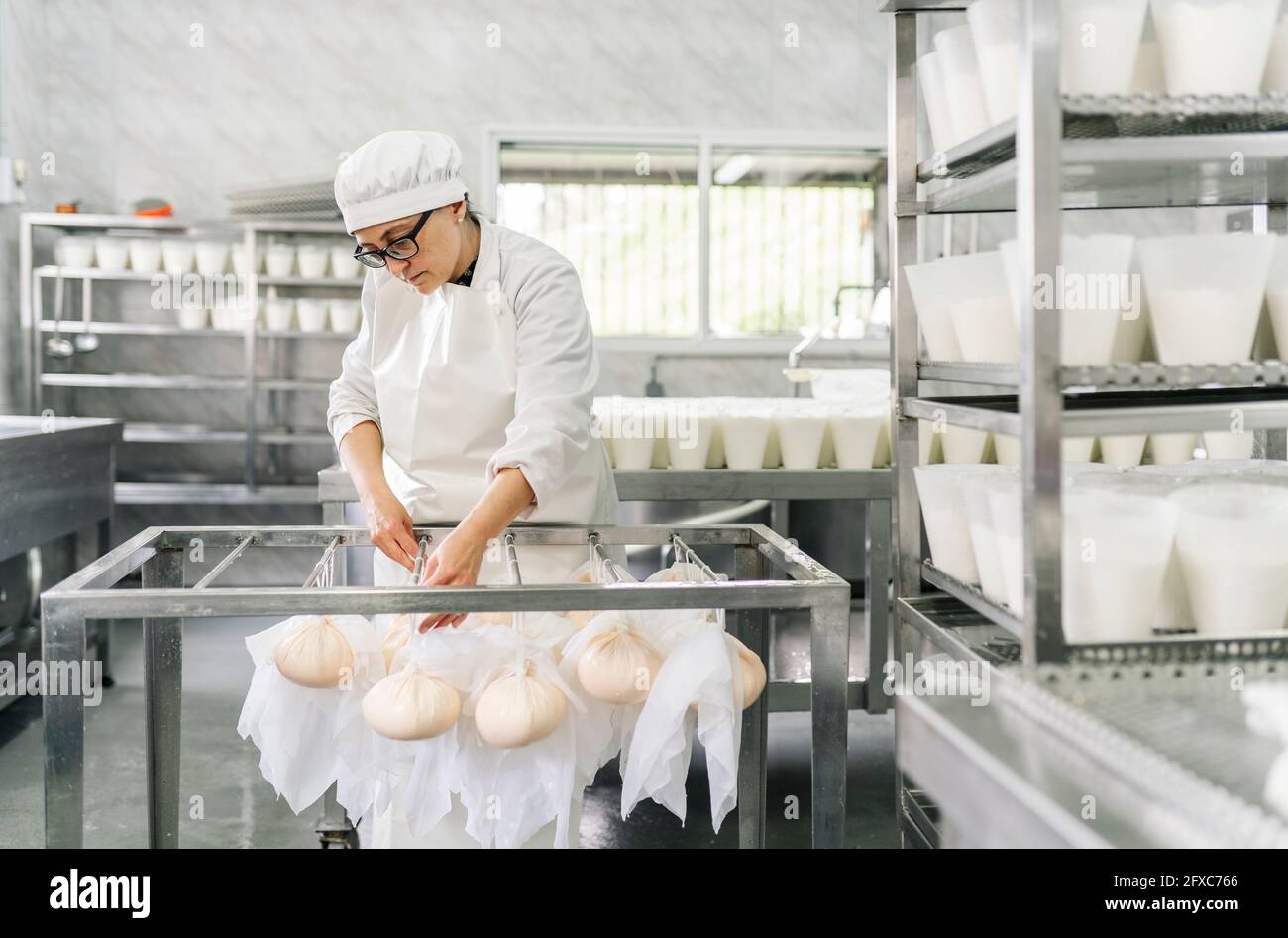 Bravissimo chef donna che legano il formaggio avvolto in abiti su un'asta nel magazzino Foto Stock