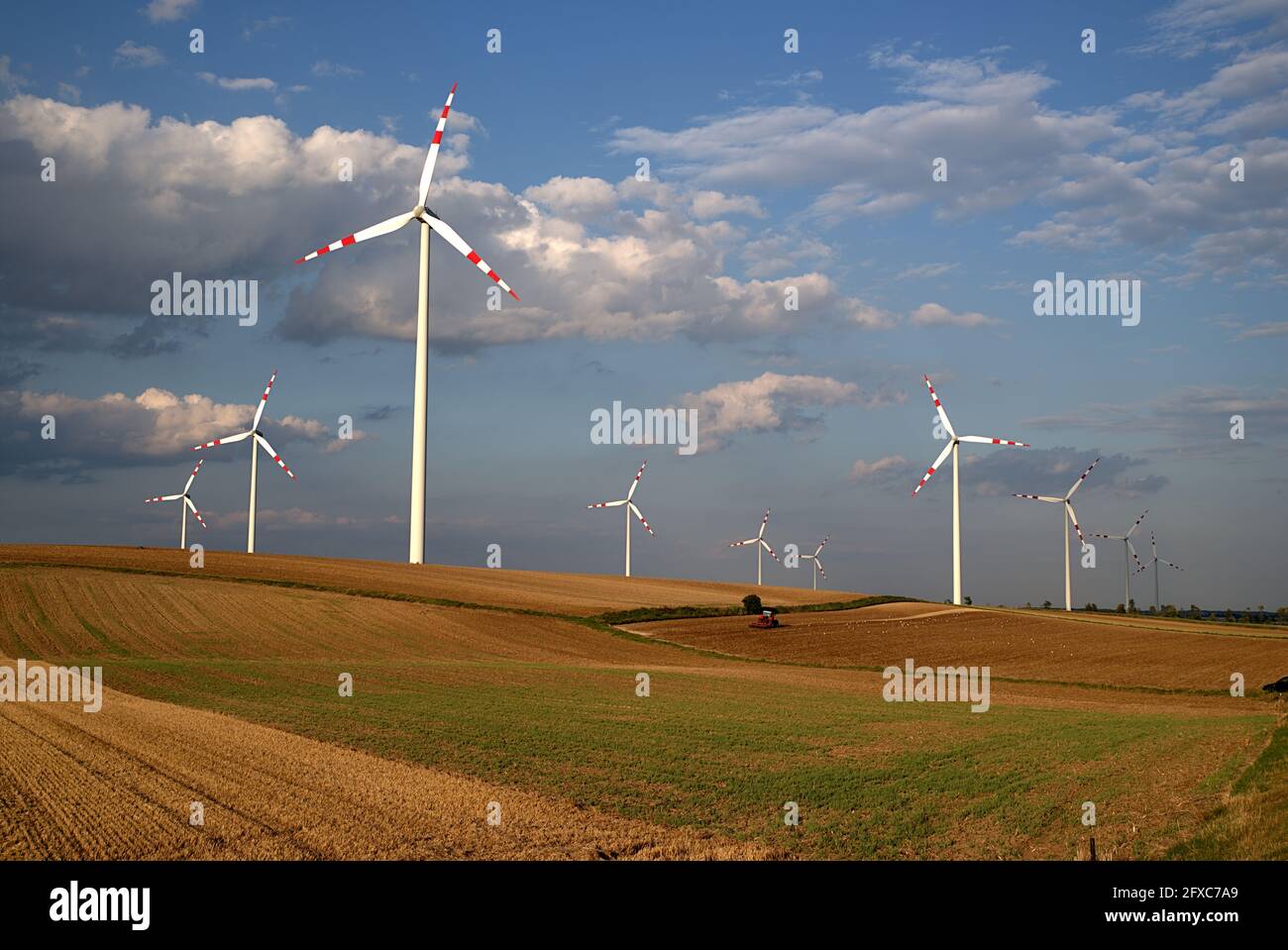 Paesaggio con mulino a vento fattoria e terreno agricolo, Austria Foto Stock