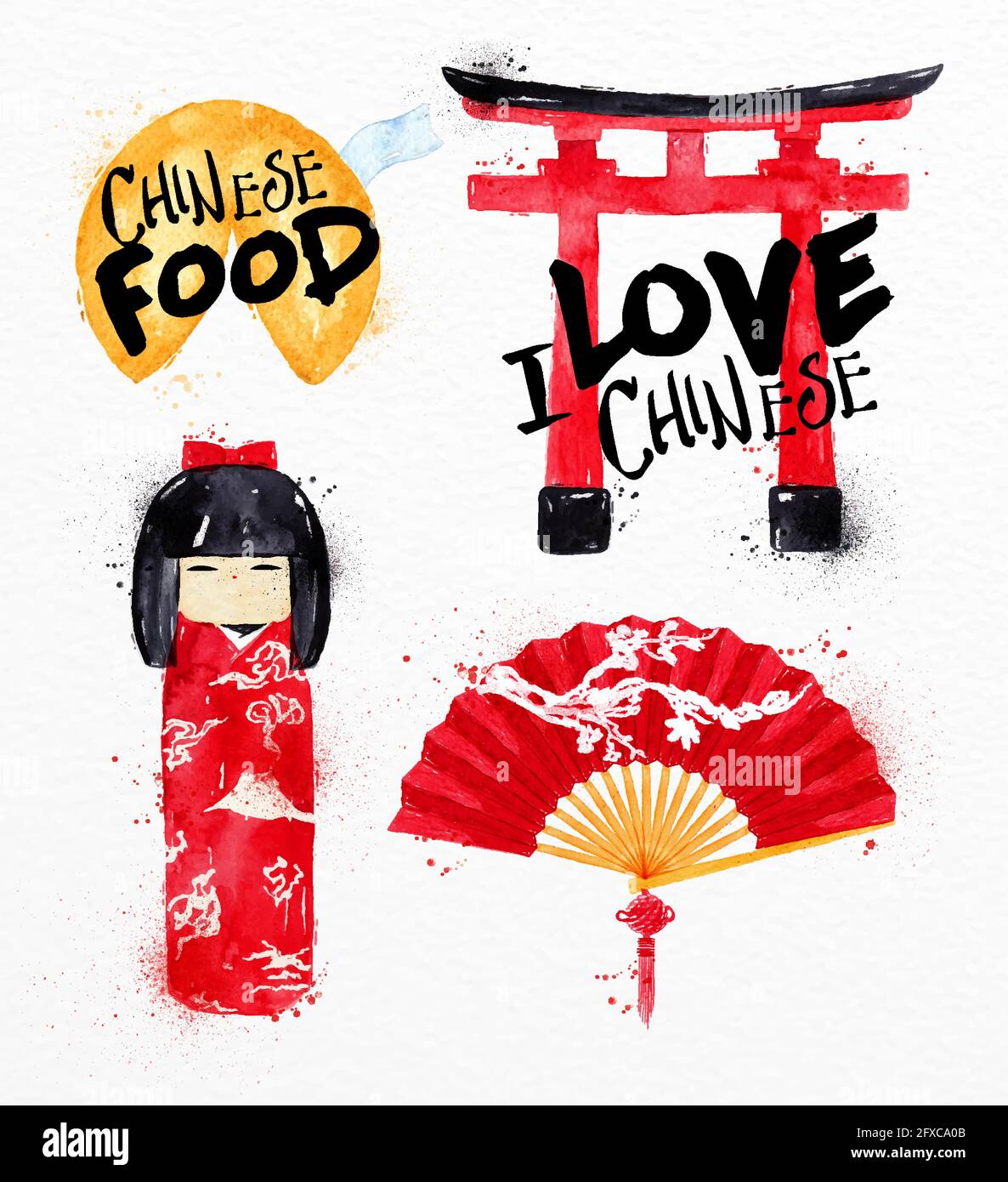 Simboli cinesi biscotti fortune, bambola kokeshi, cancello, disegno cinese fan con gocce e spruzzi su sfondo di carta acquerello Illustrazione Vettoriale